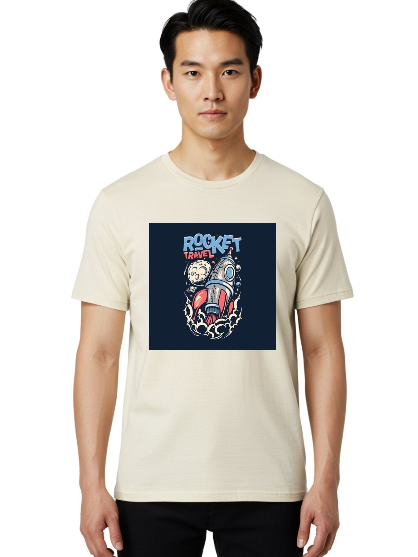 Rocket-Travel Men'S Graphic Tee, 100% Cotton, Comfortable Casual Summer Wear, Machine Washable, Rocket Ship, Space Travel, Adventure, Exploration, Cartoon Style, Vibrant Colors, Celestial Bodies, Moon, Stars, Futuristic Aab476 24