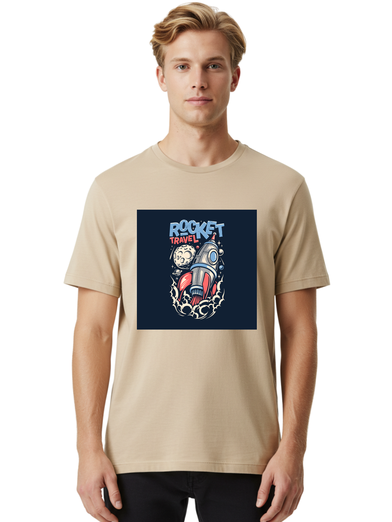 Rocket-Travel Men'S Graphic Tee, 100% Cotton, Comfortable Casual Summer Wear, Machine Washable, Rocket Ship, Space Travel, Adventure, Exploration, Cartoon Style, Vibrant Colors, Celestial Bodies, Moon, Stars, Futuristic Aab476 28