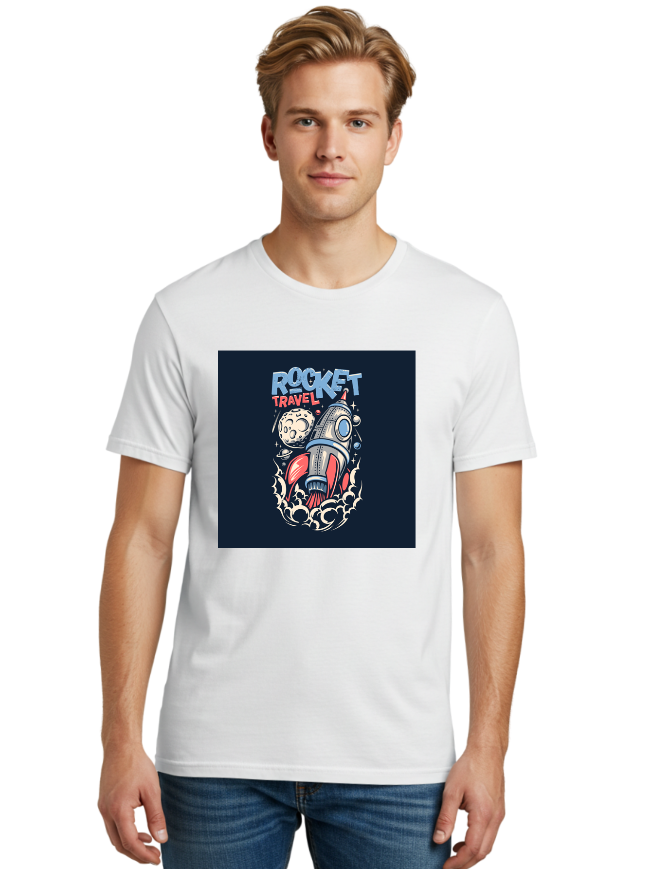 Rocket-Travel Men'S Graphic Tee, 100% Cotton, Comfortable Casual Summer Wear, Machine Washable, Rocket Ship, Space Travel, Adventure, Exploration, Cartoon Style, Vibrant Colors, Celestial Bodies, Moon, Stars, Futuristic Aab476 30