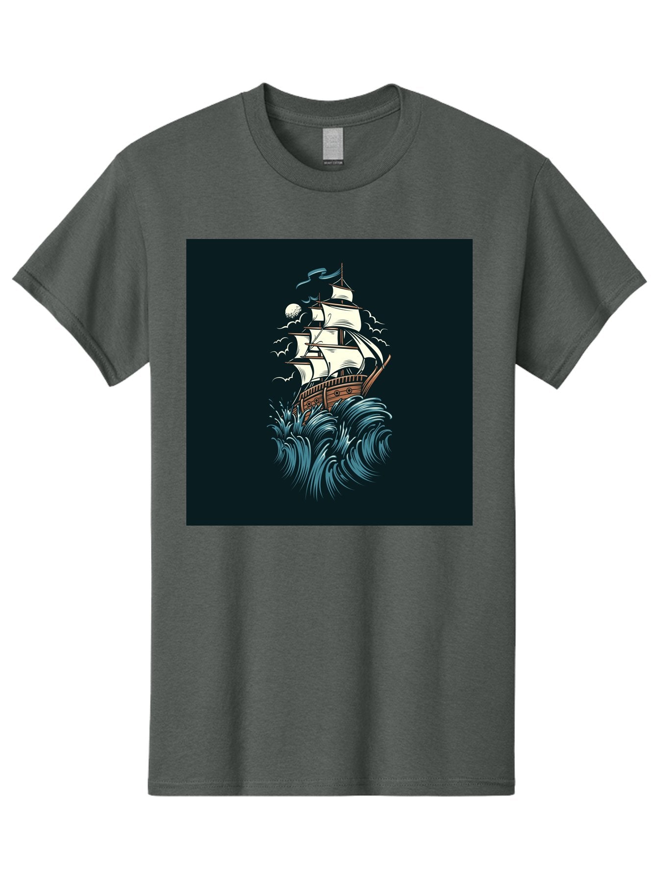 Sailing-Ship Men'S Graphic Tee, 100% Cotton, Comfortable Casual Summer Wear, Machine Washable, Sailing Ship, Stormy Sea, Rough Waves, Turbulent Weather, White Sails, Wooden Hull, Sailing Vessels, Coastal Scenery, Maritime Art, Navy Blue, Aab478 8