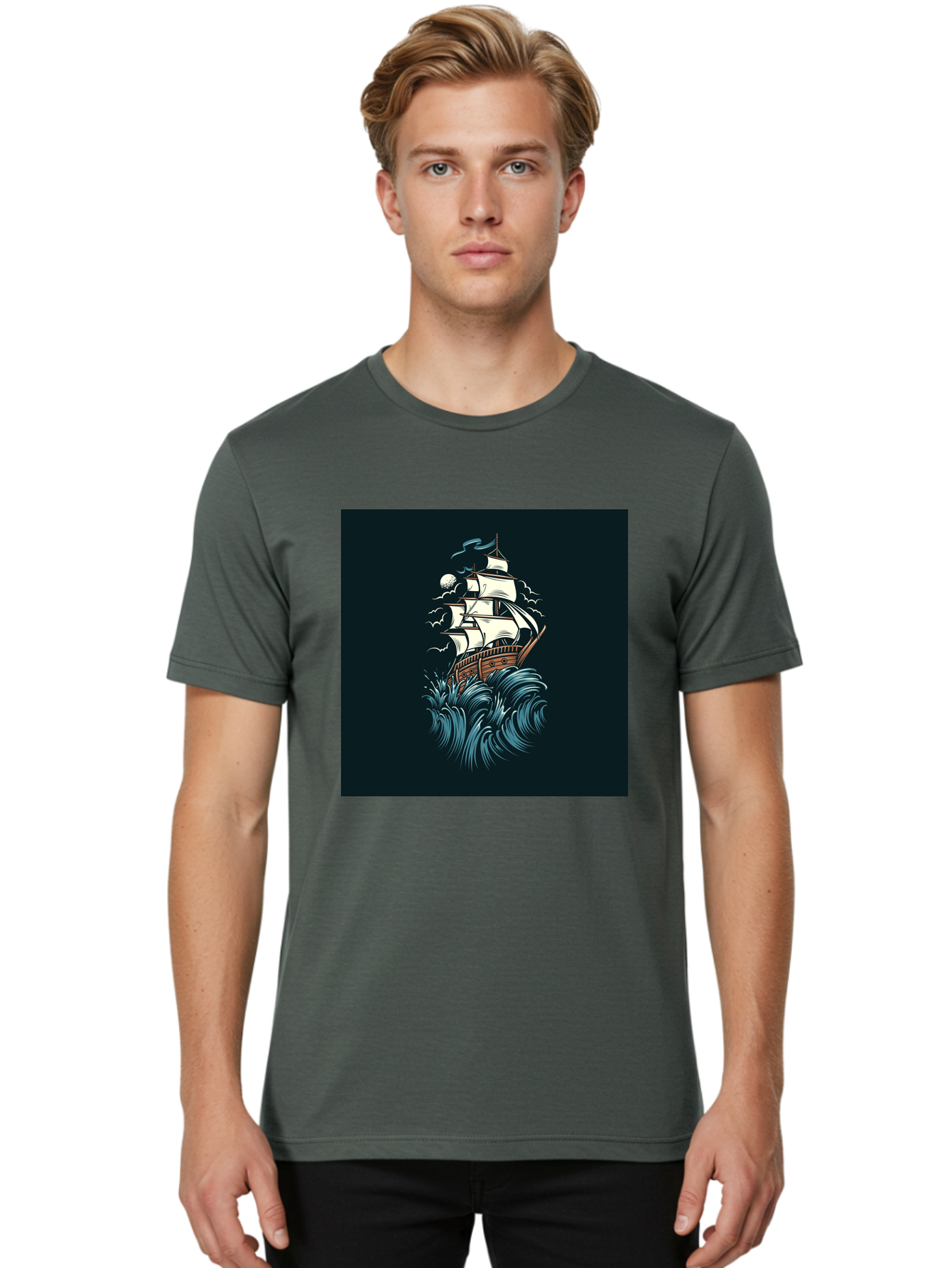 Sailing-Ship Men'S Graphic Tee, 100% Cotton, Comfortable Casual Summer Wear, Machine Washable, Sailing Ship, Stormy Sea, Rough Waves, Turbulent Weather, White Sails, Wooden Hull, Sailing Vessels, Coastal Scenery, Maritime Art, Navy Blue, Aab478 12
