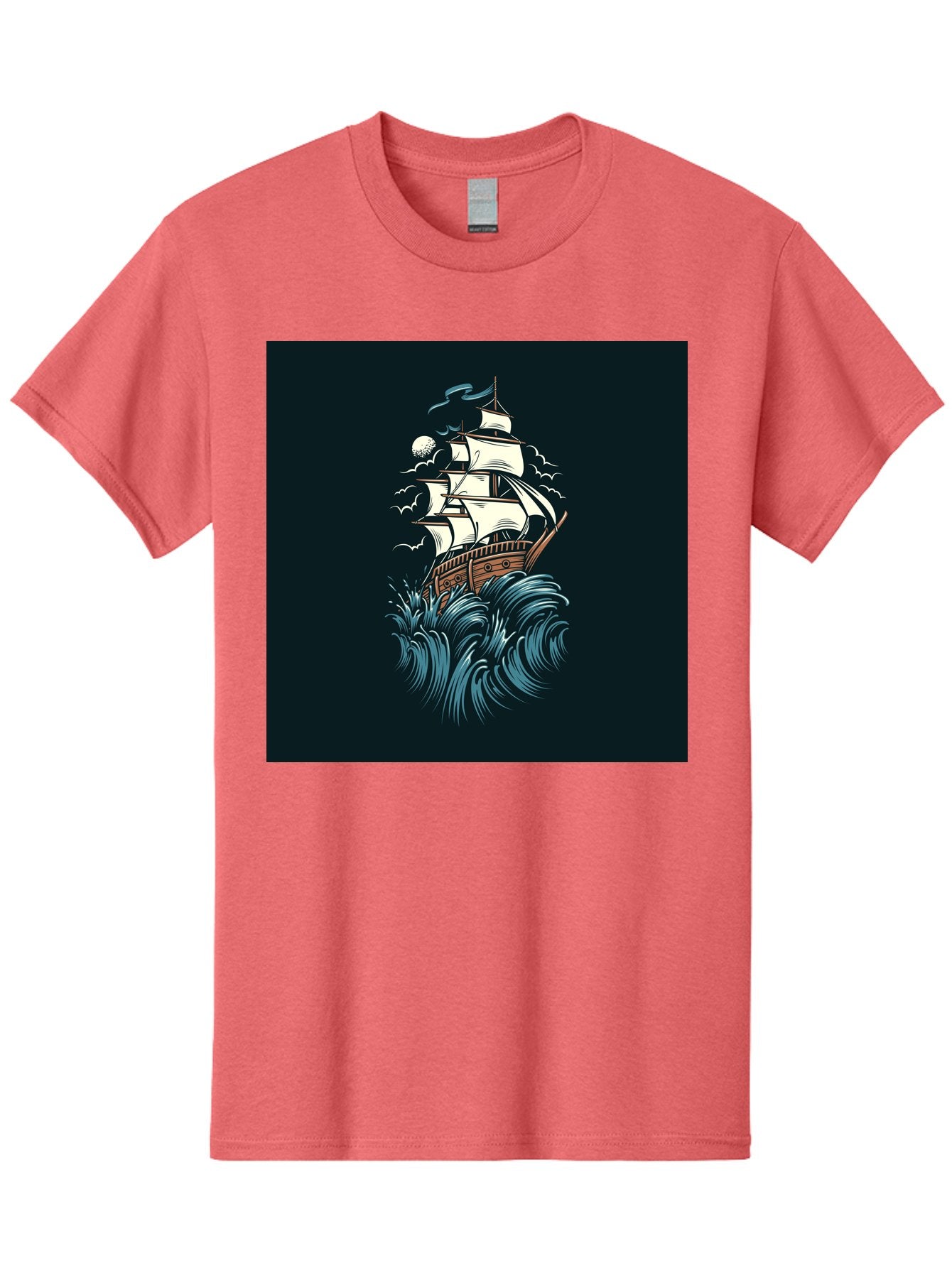 Sailing-Ship Men'S Graphic Tee, 100% Cotton, Comfortable Casual Summer Wear, Machine Washable, Sailing Ship, Stormy Sea, Rough Waves, Turbulent Weather, White Sails, Wooden Hull, Sailing Vessels, Coastal Scenery, Maritime Art, Navy Blue, Aab478 5