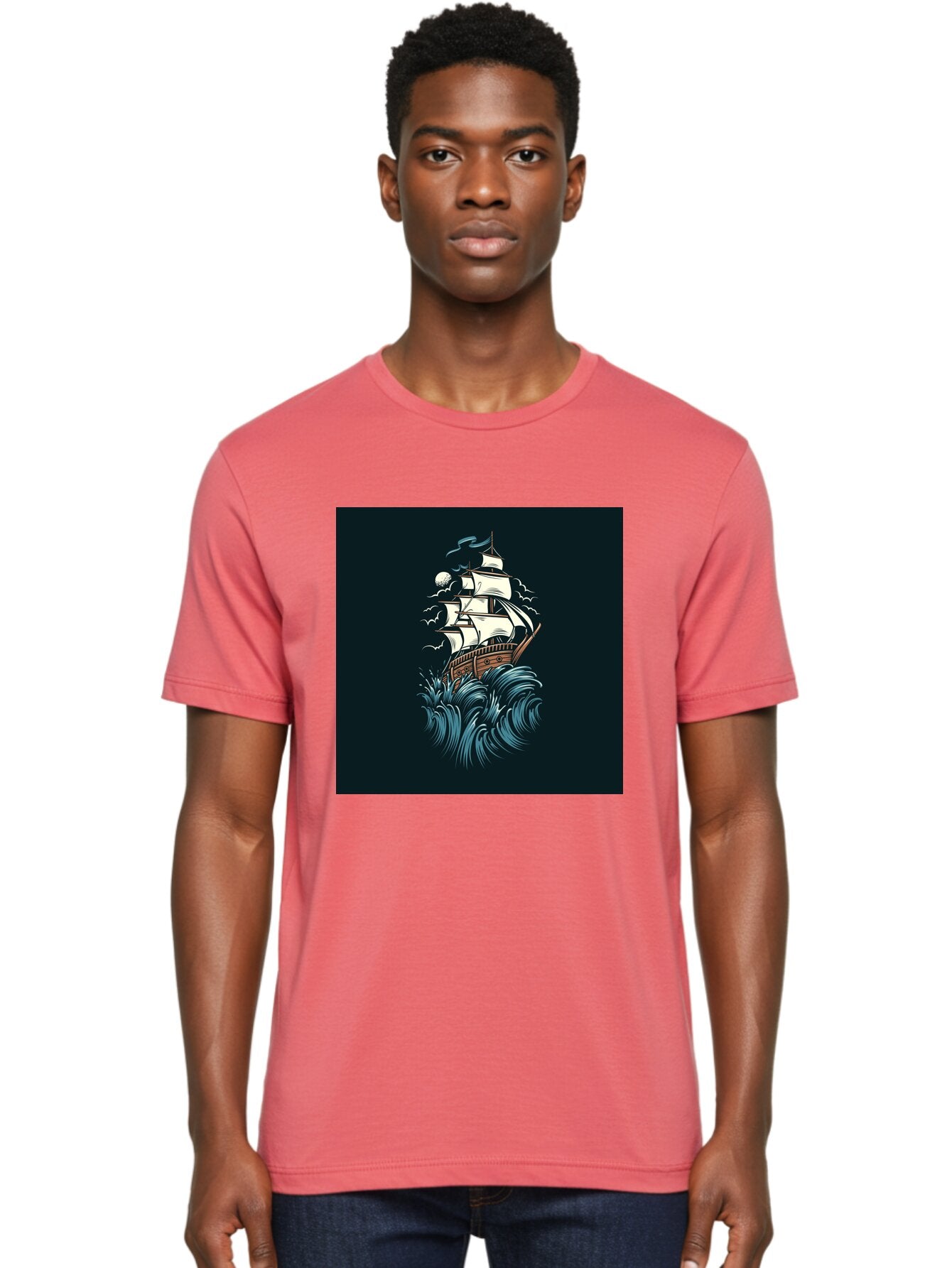 Sailing-Ship Men'S Graphic Tee, 100% Cotton, Comfortable Casual Summer Wear, Machine Washable, Sailing Ship, Stormy Sea, Rough Waves, Turbulent Weather, White Sails, Wooden Hull, Sailing Vessels, Coastal Scenery, Maritime Art, Navy Blue, Aab478 23