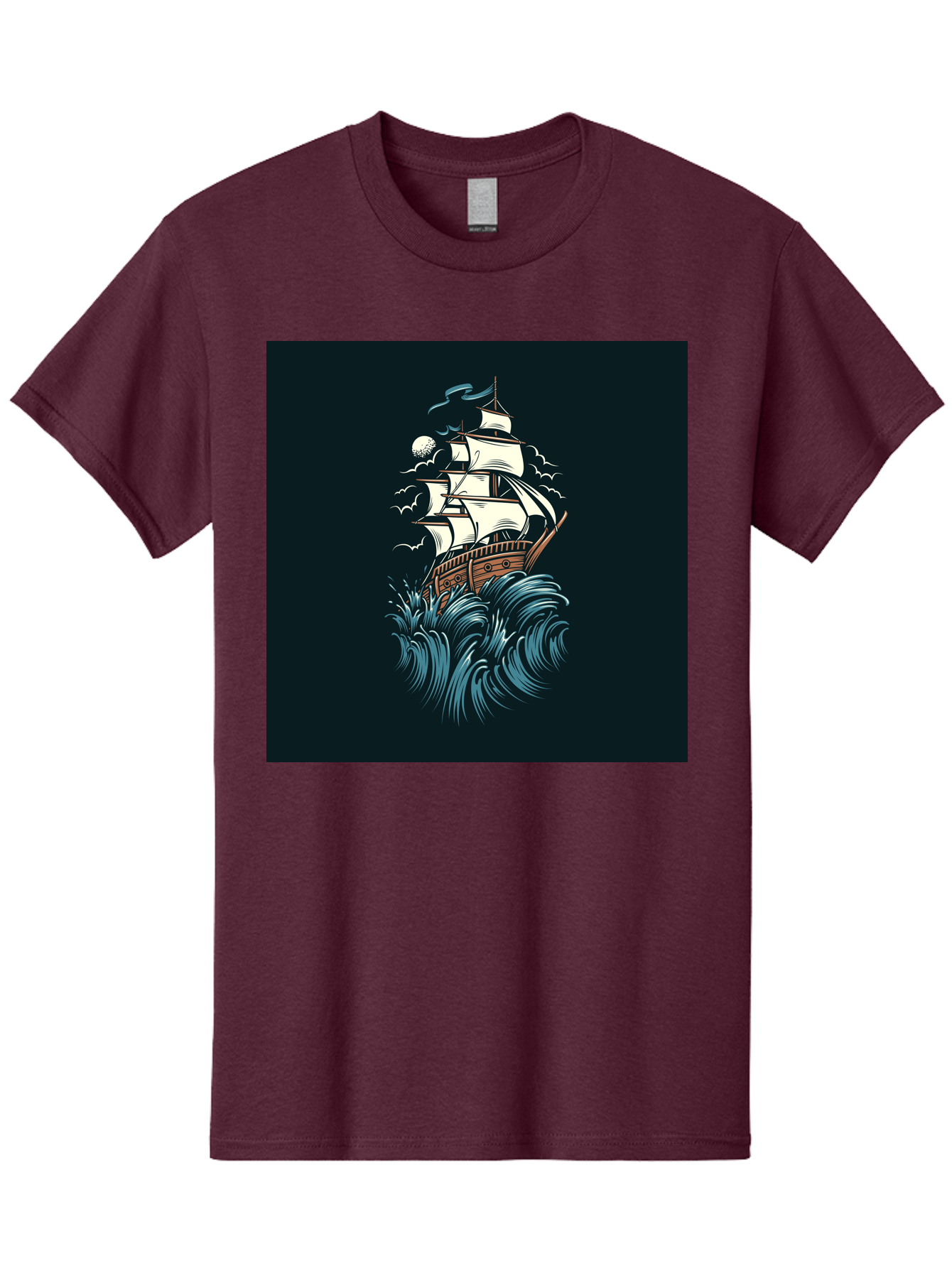 Sailing-Ship Men'S Graphic Tee, 100% Cotton, Comfortable Casual Summer Wear, Machine Washable, Sailing Ship, Stormy Sea, Rough Waves, Turbulent Weather, White Sails, Wooden Hull, Sailing Vessels, Coastal Scenery, Maritime Art, Navy Blue, Aab478 13