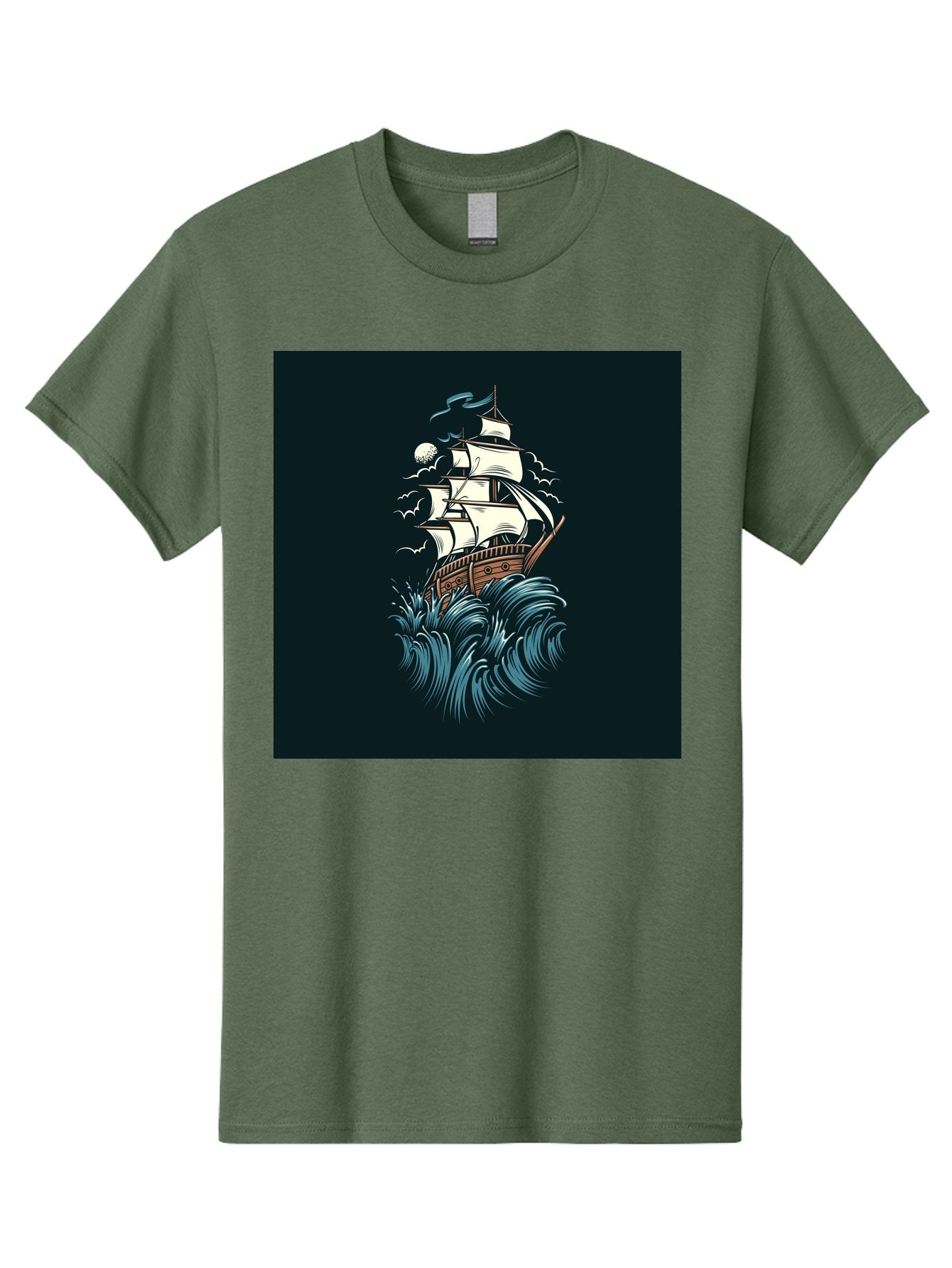 Sailing-Ship Men'S Graphic Tee, 100% Cotton, Comfortable Casual Summer Wear, Machine Washable, Sailing Ship, Stormy Sea, Rough Waves, Turbulent Weather, White Sails, Wooden Hull, Sailing Vessels, Coastal Scenery, Maritime Art, Navy Blue, Aab478 7