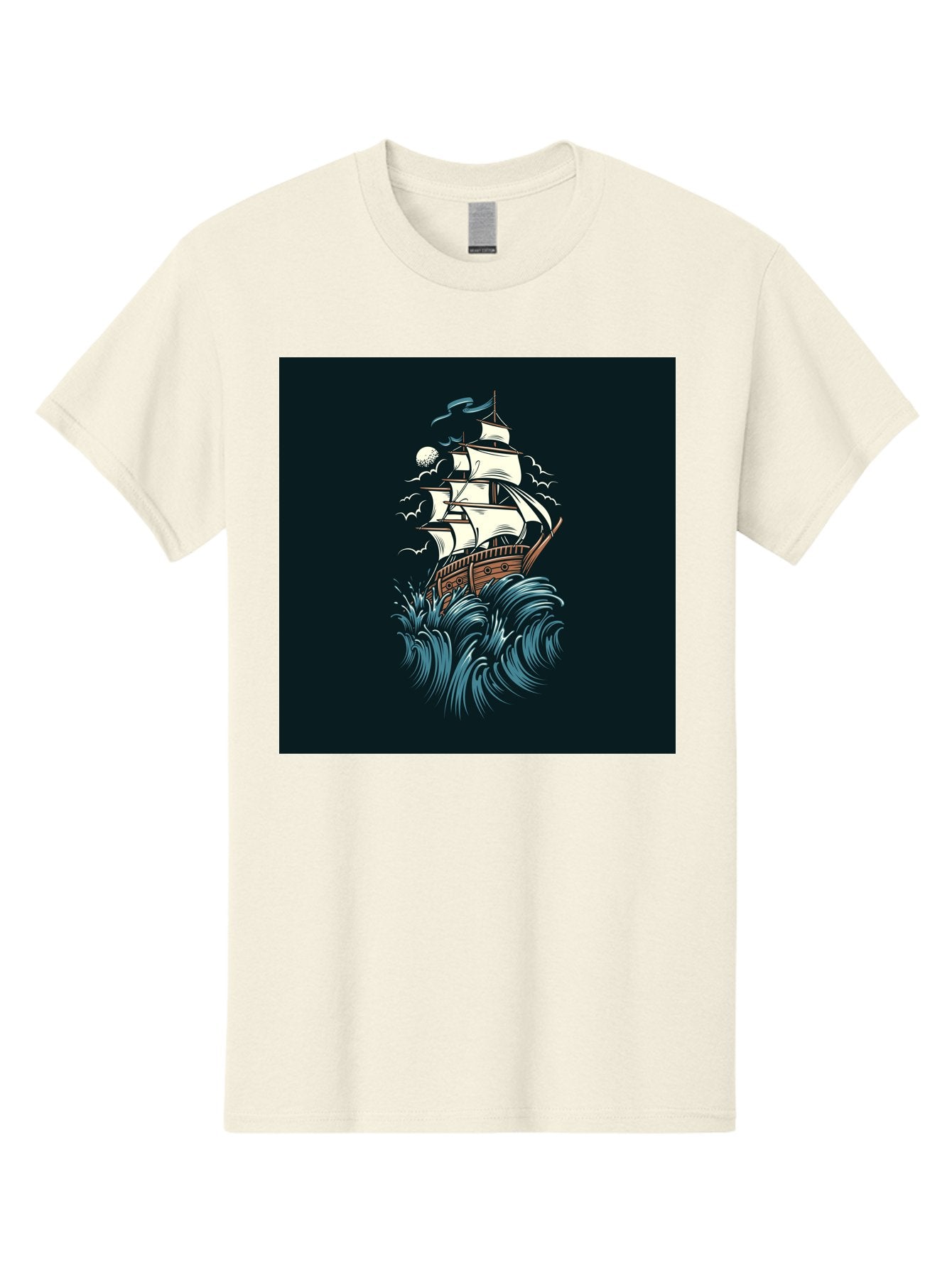 Sailing-Ship Men'S Graphic Tee, 100% Cotton, Comfortable Casual Summer Wear, Machine Washable, Sailing Ship, Stormy Sea, Rough Waves, Turbulent Weather, White Sails, Wooden Hull, Sailing Vessels, Coastal Scenery, Maritime Art, Navy Blue, Aab478 11