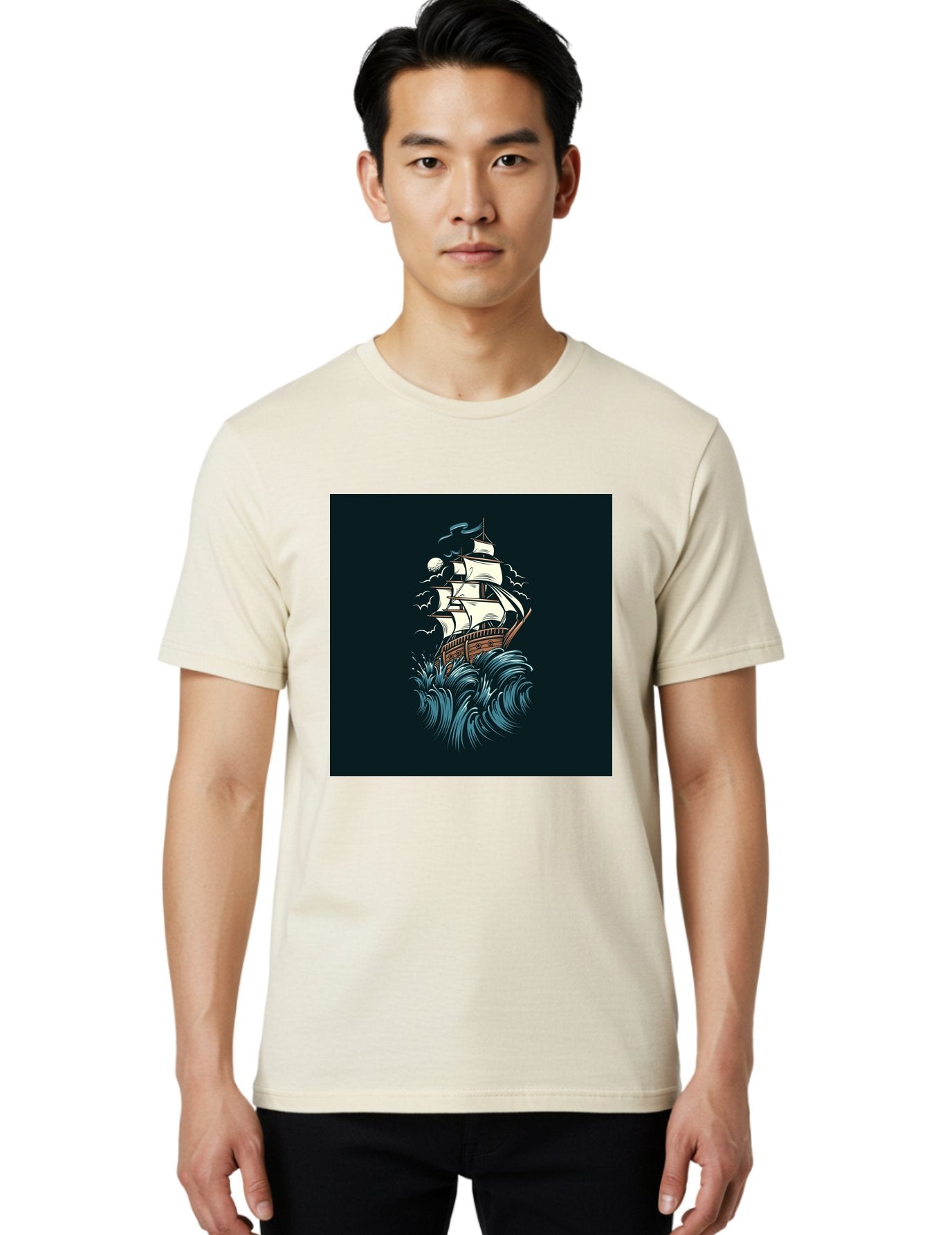 Sailing-Ship Men'S Graphic Tee, 100% Cotton, Comfortable Casual Summer Wear, Machine Washable, Sailing Ship, Stormy Sea, Rough Waves, Turbulent Weather, White Sails, Wooden Hull, Sailing Vessels, Coastal Scenery, Maritime Art, Navy Blue, Aab478 27