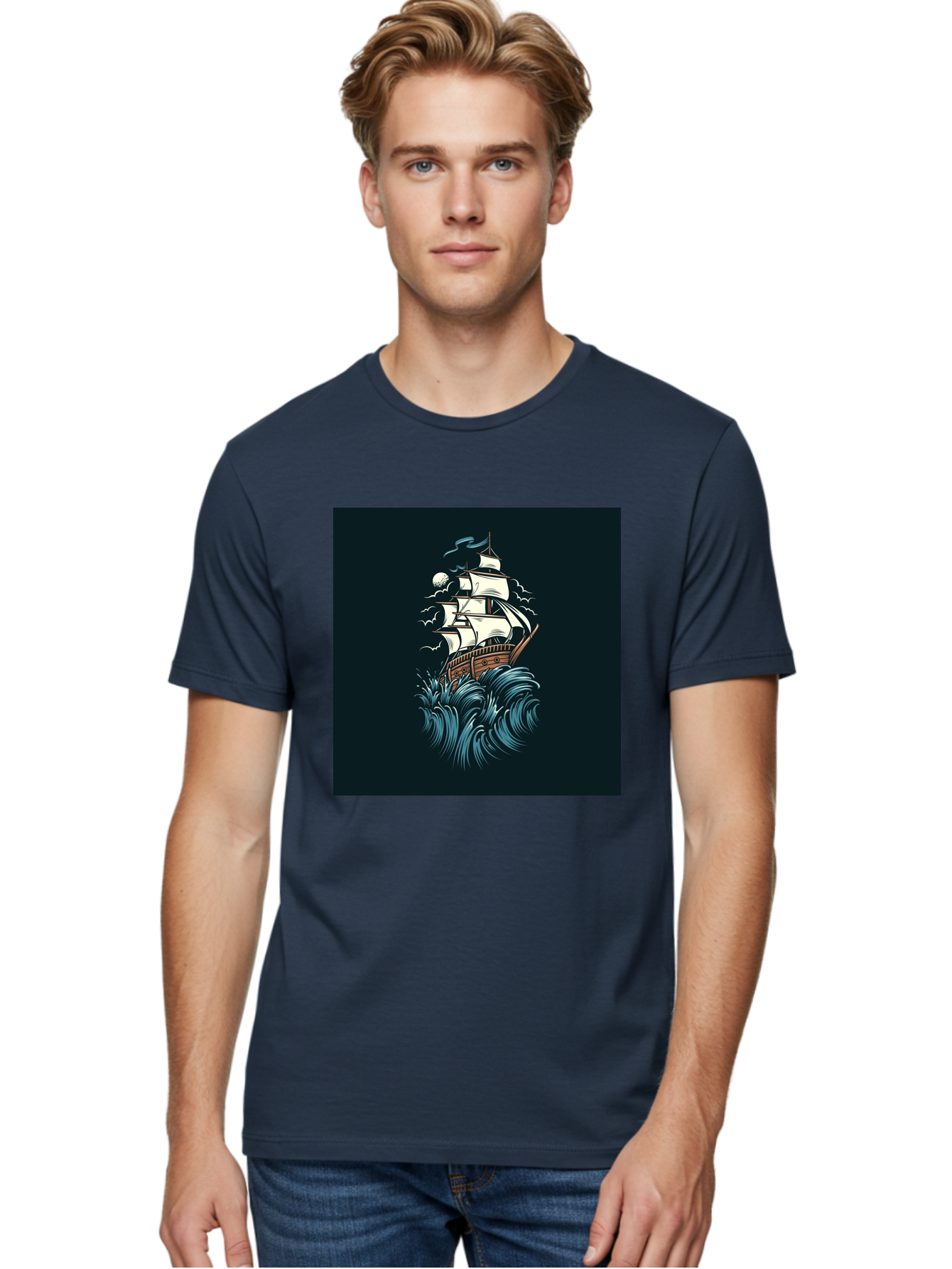 Sailing-Ship Men'S Graphic Tee, 100% Cotton, Comfortable Casual Summer Wear, Machine Washable, Sailing Ship, Stormy Sea, Rough Waves, Turbulent Weather, White Sails, Wooden Hull, Sailing Vessels, Coastal Scenery, Maritime Art, Navy Blue, Aab478