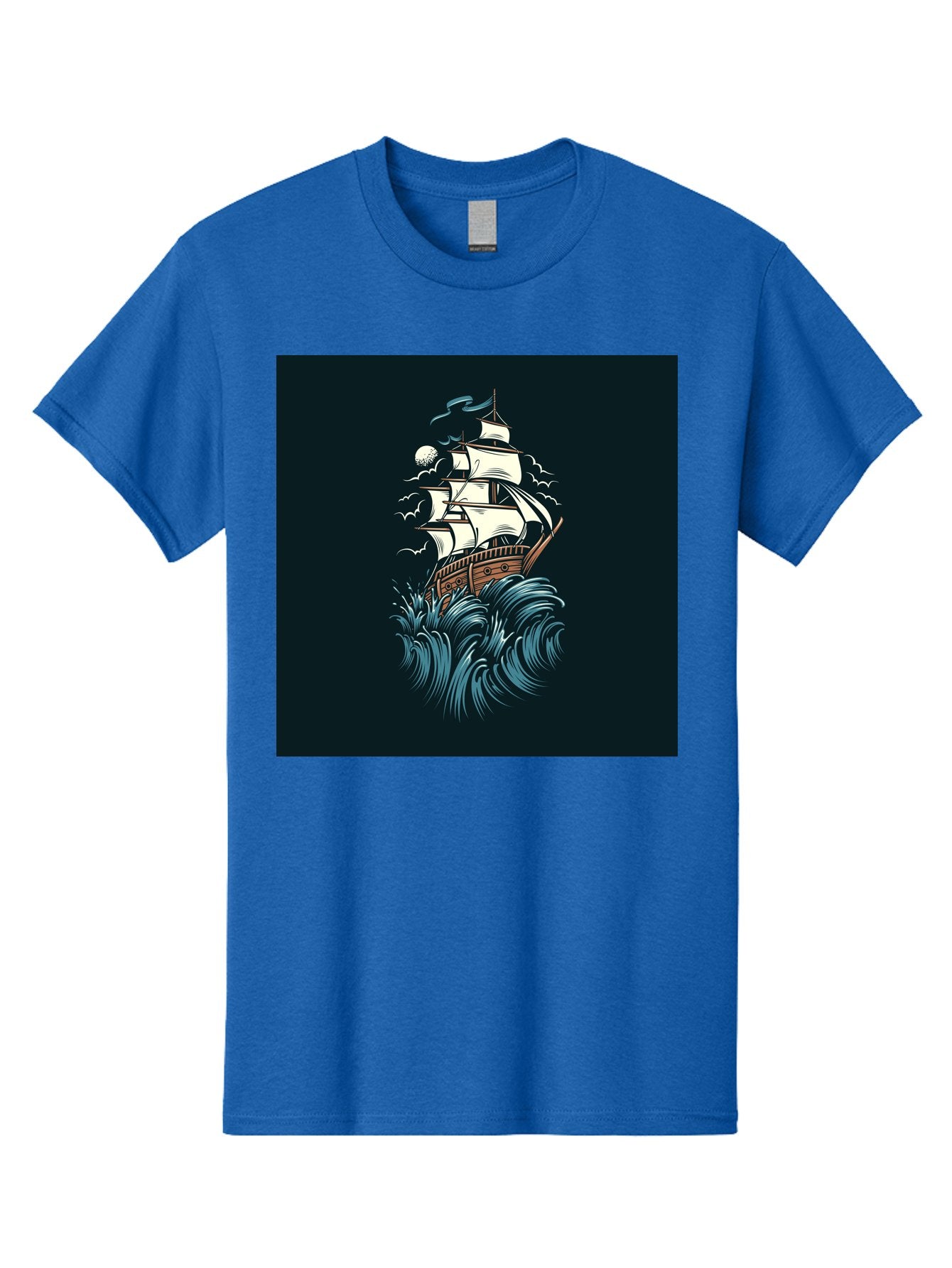 Sailing-Ship Men'S Graphic Tee, 100% Cotton, Comfortable Casual Summer Wear, Machine Washable, Sailing Ship, Stormy Sea, Rough Waves, Turbulent Weather, White Sails, Wooden Hull, Sailing Vessels, Coastal Scenery, Maritime Art, Navy Blue, Aab478 10