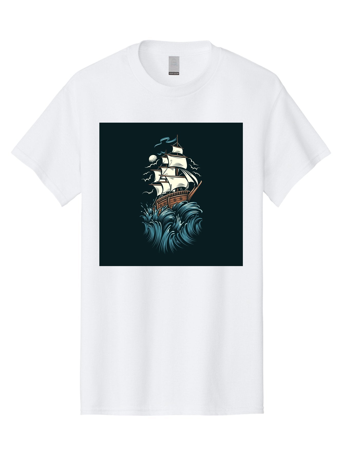 Sailing-Ship Men'S Graphic Tee, 100% Cotton, Comfortable Casual Summer Wear, Machine Washable, Sailing Ship, Stormy Sea, Rough Waves, Turbulent Weather, White Sails, Wooden Hull, Sailing Vessels, Coastal Scenery, Maritime Art, Navy Blue, Aab478
