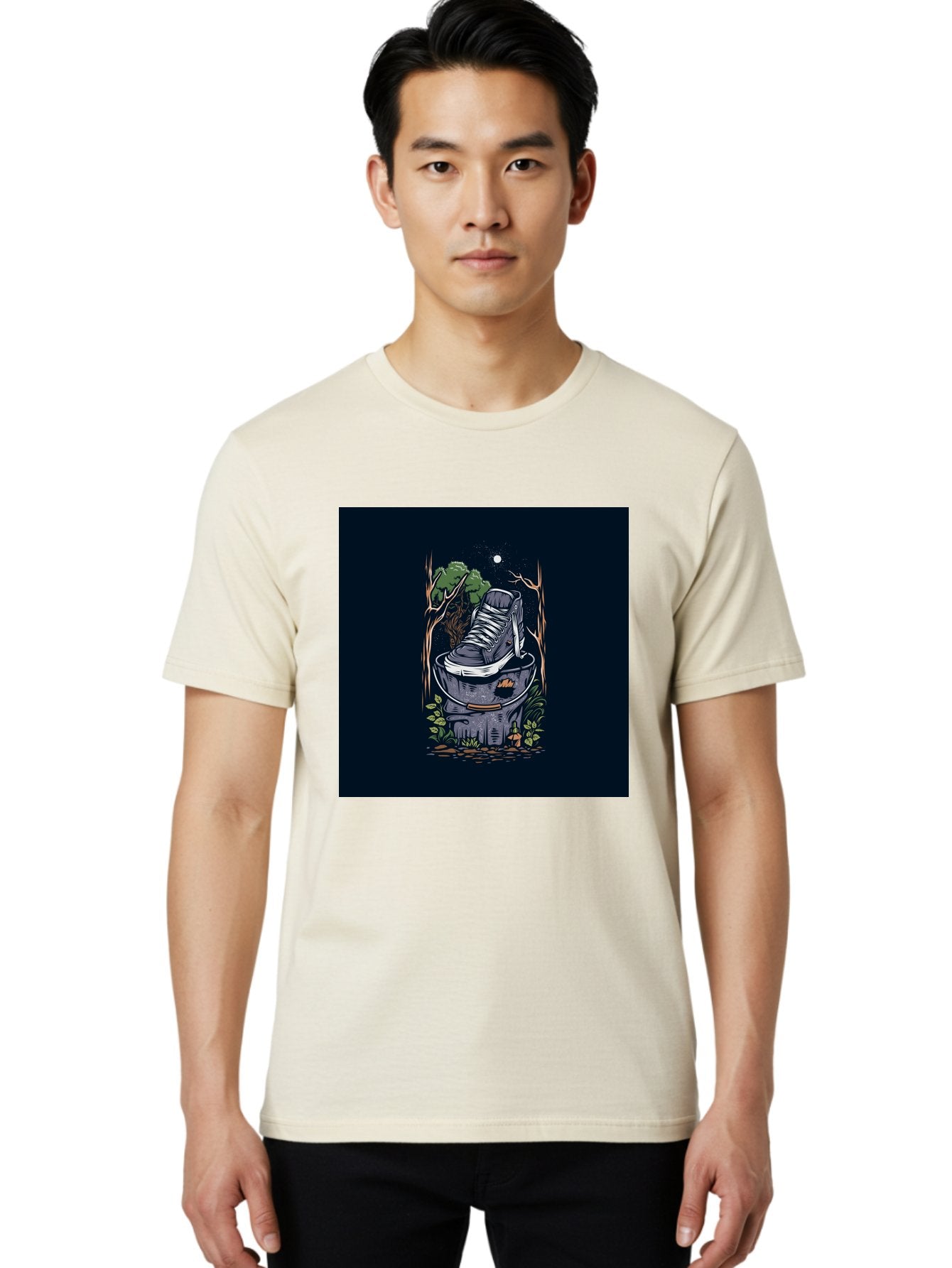 Shoe-Can Men'S Graphic Tee, 100% Cotton, Comfortable Casual Summer Wear, Machine Washable, Sneaker In Bucket, Streetwear Culture, Urban Jungle, Footwear, Bucket, Moonlight, Nighttime, Forest Scene, Vintage Art Aab480 22