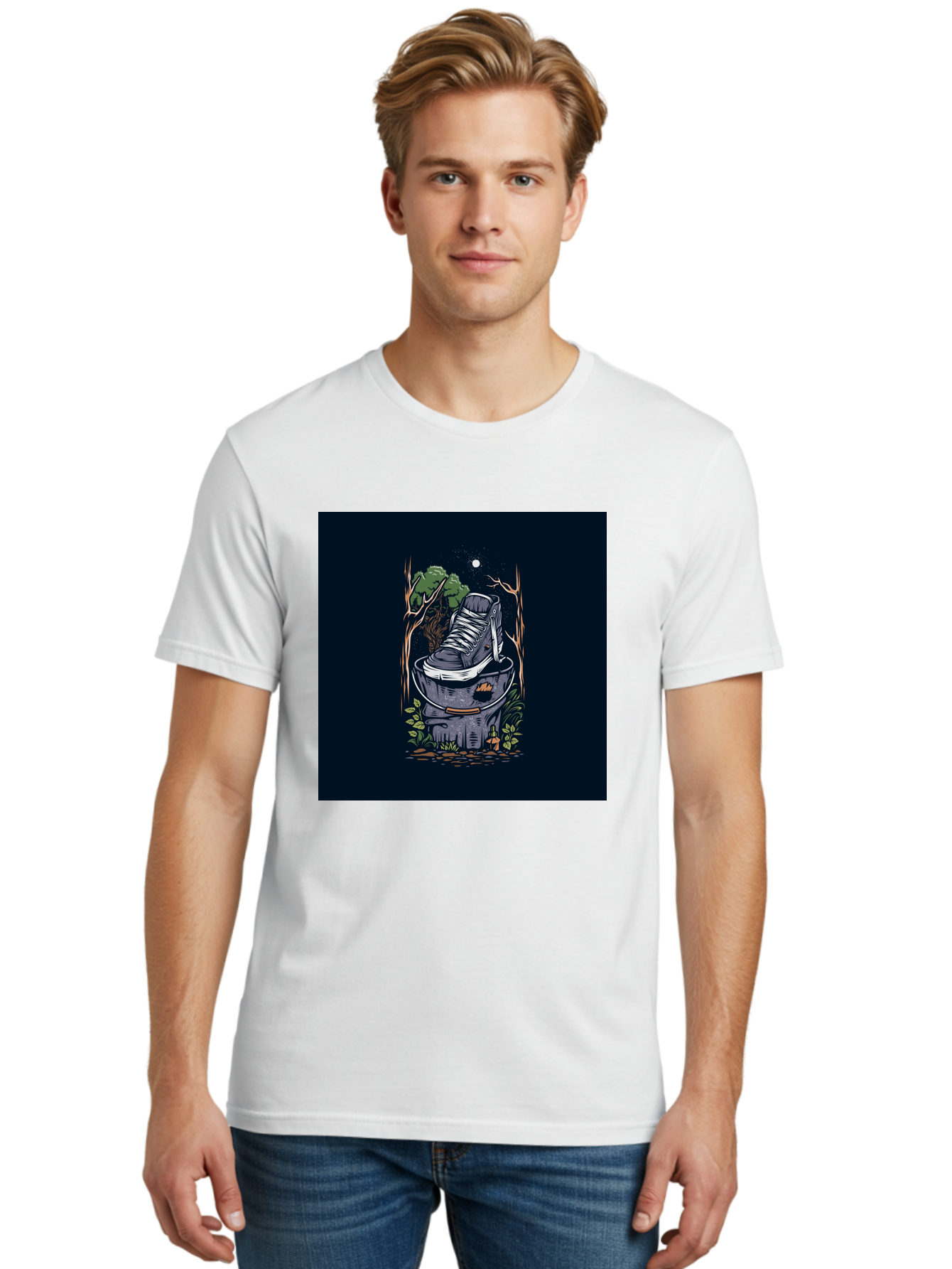 Shoe-Can Men'S Graphic Tee, 100% Cotton, Comfortable Casual Summer Wear, Machine Washable, Sneaker In Bucket, Streetwear Culture, Urban Jungle, Footwear, Bucket, Moonlight, Nighttime, Forest Scene, Vintage Art Aab480 6