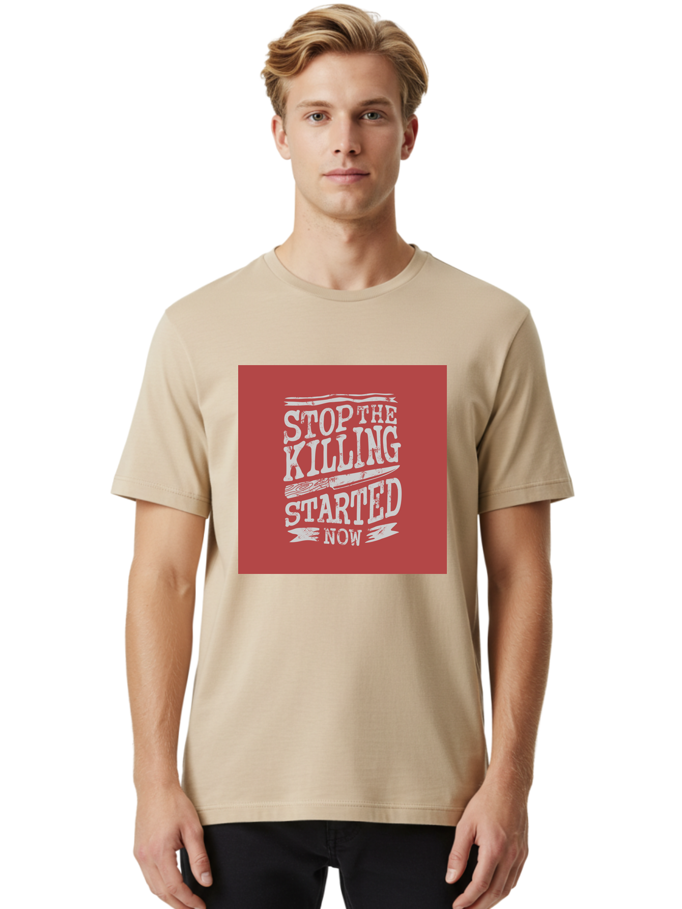 Stop-The-Killing-Started-Now Men'S Graphic Tee, 100% Cotton, Comfortable Casual Summer Wear, Machine Washable, Vegetarian Lifestyle, Animal Rights, Stop Killing, Vegan Movement, Cruelty Free, Bold Typography, Protest Art, Activist Message, Aab484 28