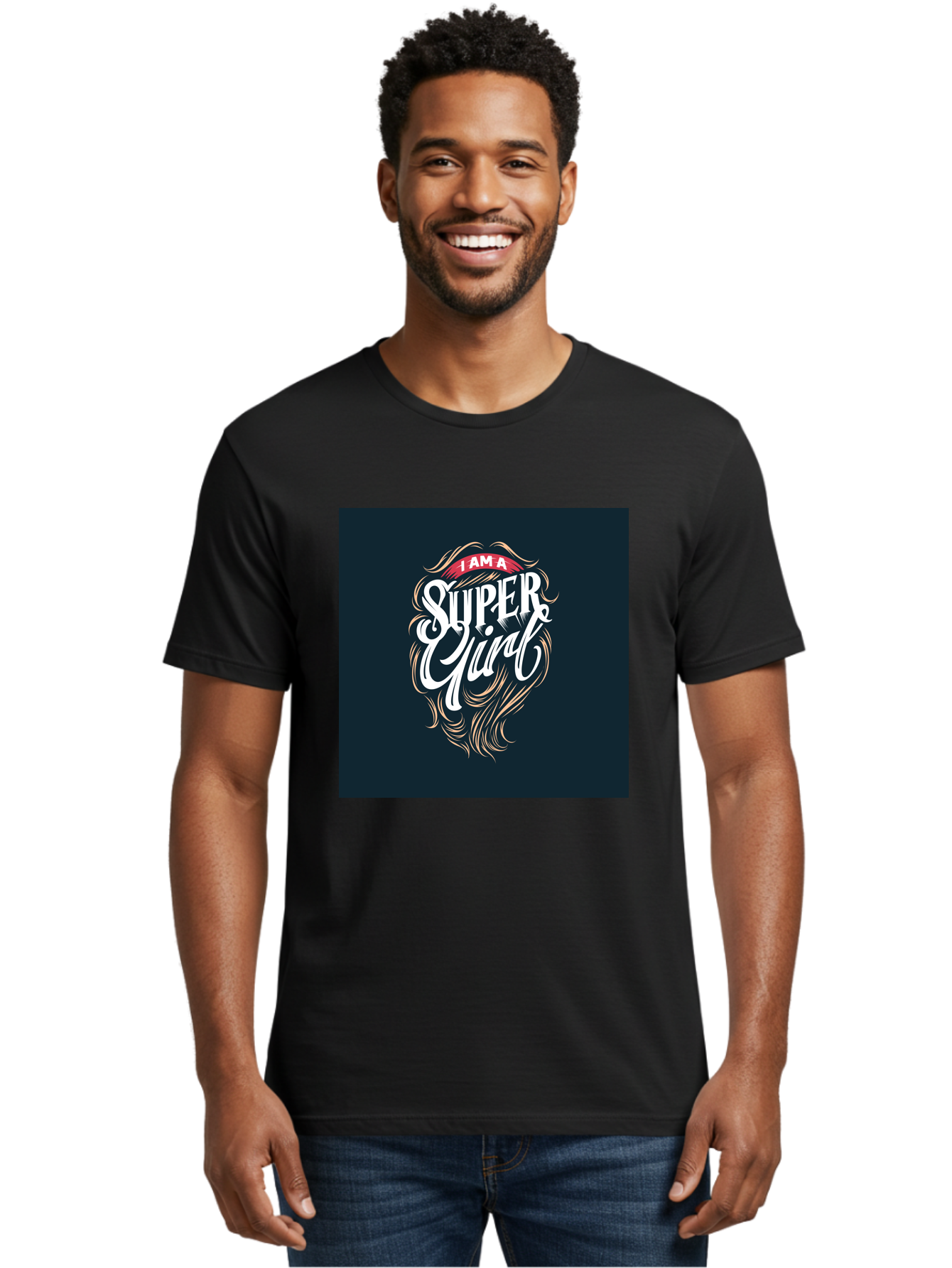 Super-Girl Men'S Graphic Tee, 100% Cotton, Comfortable Casual Summer Wear, Machine Washable, Female Empowerment, Inspirational Quote, Girl Power, Motivational Phrase, Flowing Hair, Elegant Script, Confident Attitude, Strong Women, Aab485