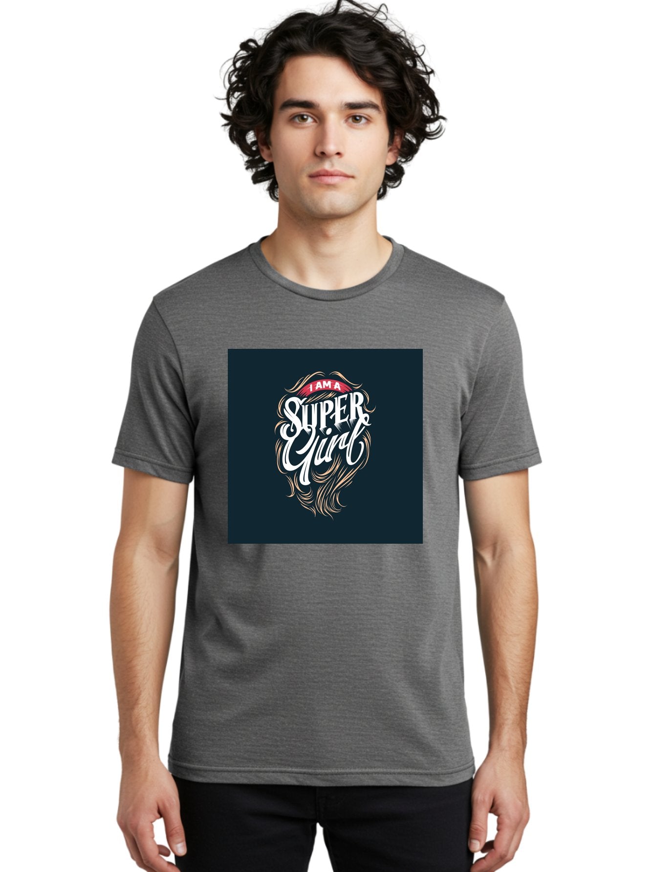 Super-Girl Men'S Graphic Tee, 100% Cotton, Comfortable Casual Summer Wear, Machine Washable, Female Empowerment, Inspirational Quote, Girl Power, Motivational Phrase, Flowing Hair, Elegant Script, Confident Attitude, Strong Women, Aab485 18