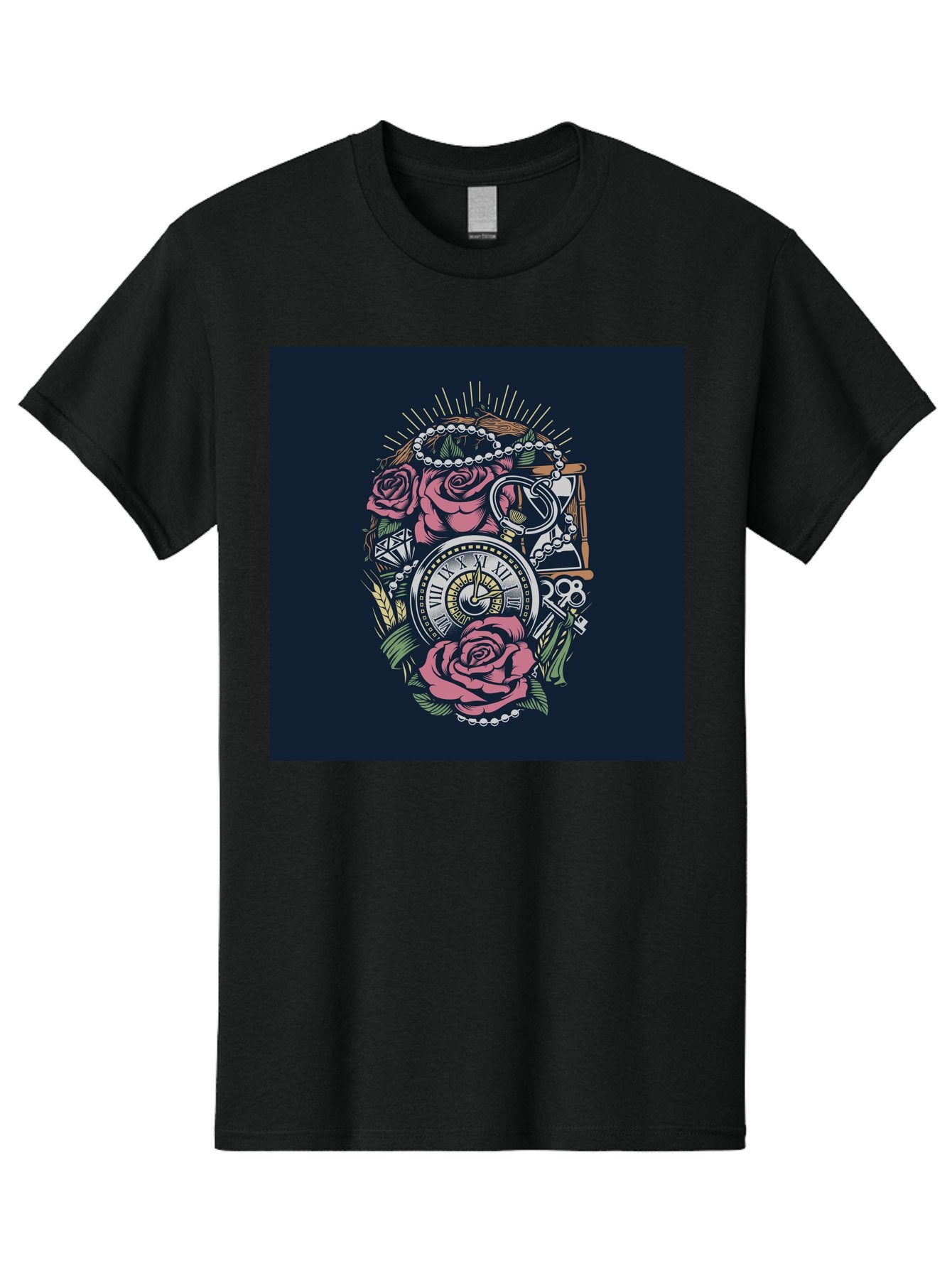 Tattoo-Roses-With-Pocket-Watch-Keys Men'S Graphic Tee, 100% Cotton, Comfortable Casual Summer Wear, Machine Washable, Pocket Watch, Roses, Floral Design, Vintage Clock, Jewelry, Keys, Tattoo Art, Intricate Details, Classic Style, Aab486 3