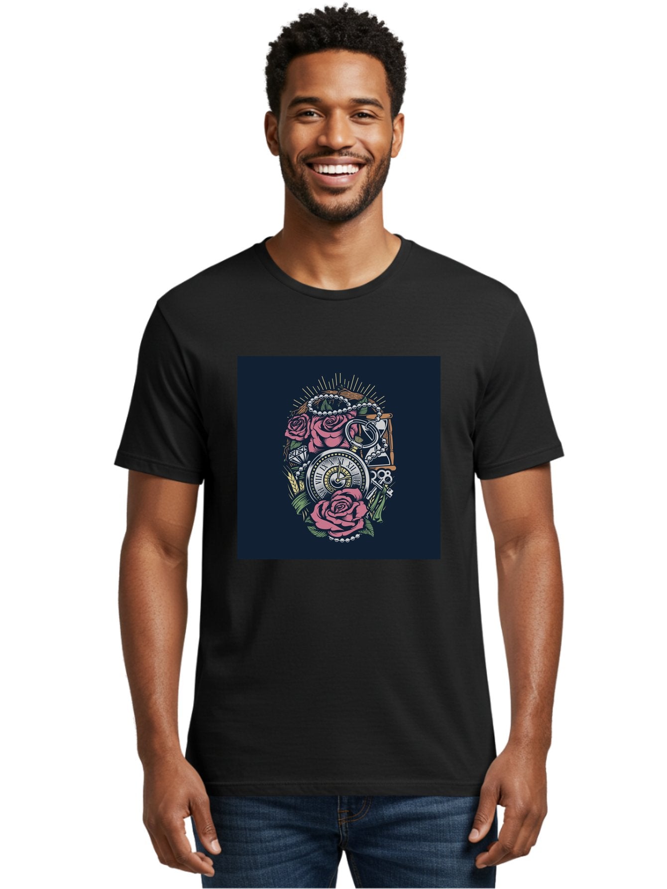 Tattoo-Roses-With-Pocket-Watch-Keys Men'S Graphic Tee, 100% Cotton, Comfortable Casual Summer Wear, Machine Washable, Pocket Watch, Roses, Floral Design, Vintage Clock, Jewelry, Keys, Tattoo Art, Intricate Details, Classic Style, Aab486 22