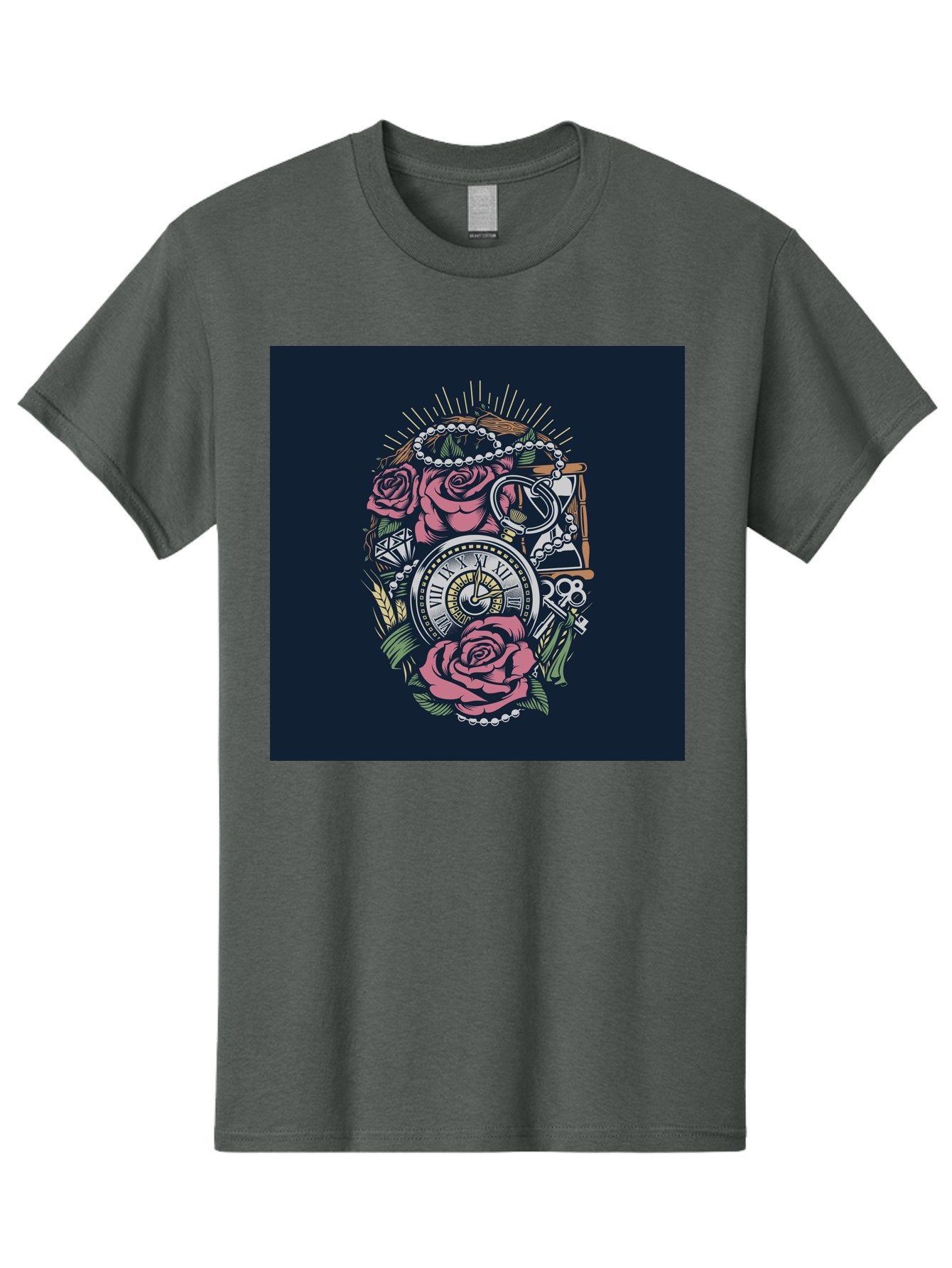 Tattoo-Roses-With-Pocket-Watch-Keys Men'S Graphic Tee, 100% Cotton, Comfortable Casual Summer Wear, Machine Washable, Pocket Watch, Roses, Floral Design, Vintage Clock, Jewelry, Keys, Tattoo Art, Intricate Details, Classic Style, Aab486