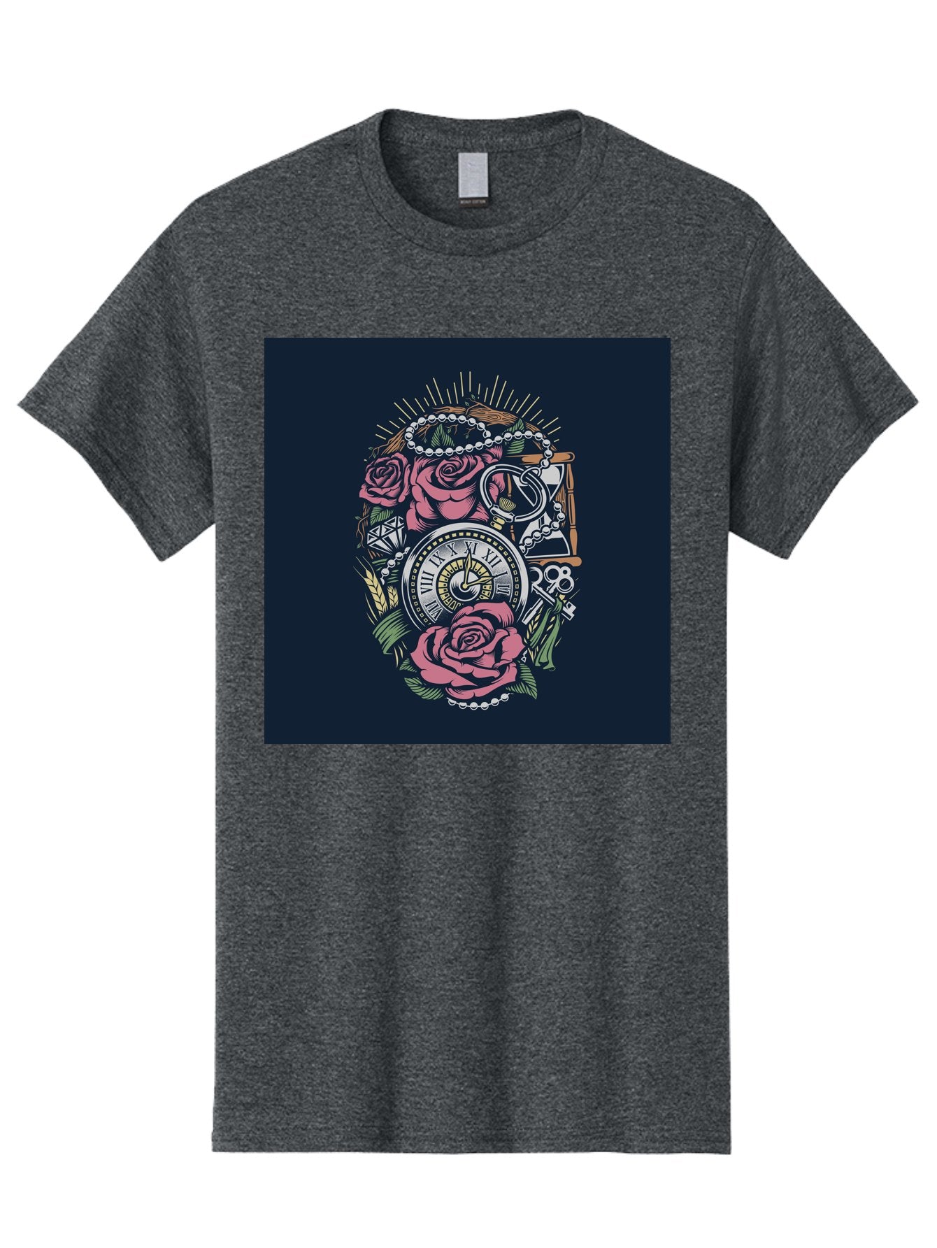 Tattoo-Roses-With-Pocket-Watch-Keys Men'S Graphic Tee, 100% Cotton, Comfortable Casual Summer Wear, Machine Washable, Pocket Watch, Roses, Floral Design, Vintage Clock, Jewelry, Keys, Tattoo Art, Intricate Details, Classic Style, Aab486 12