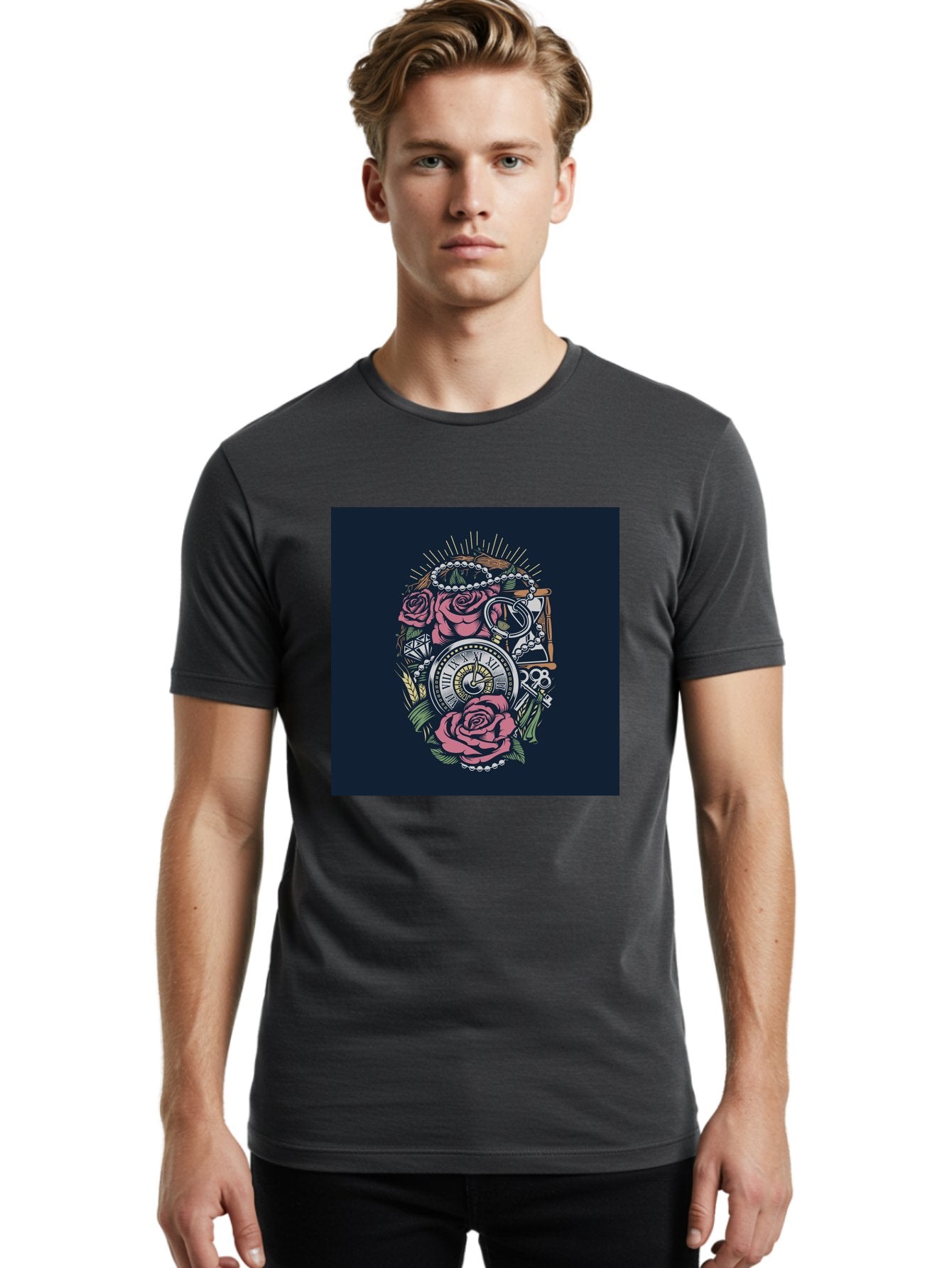 Tattoo-Roses-With-Pocket-Watch-Keys Men'S Graphic Tee, 100% Cotton, Comfortable Casual Summer Wear, Machine Washable, Pocket Watch, Roses, Floral Design, Vintage Clock, Jewelry, Keys, Tattoo Art, Intricate Details, Classic Style, Aab486 28
