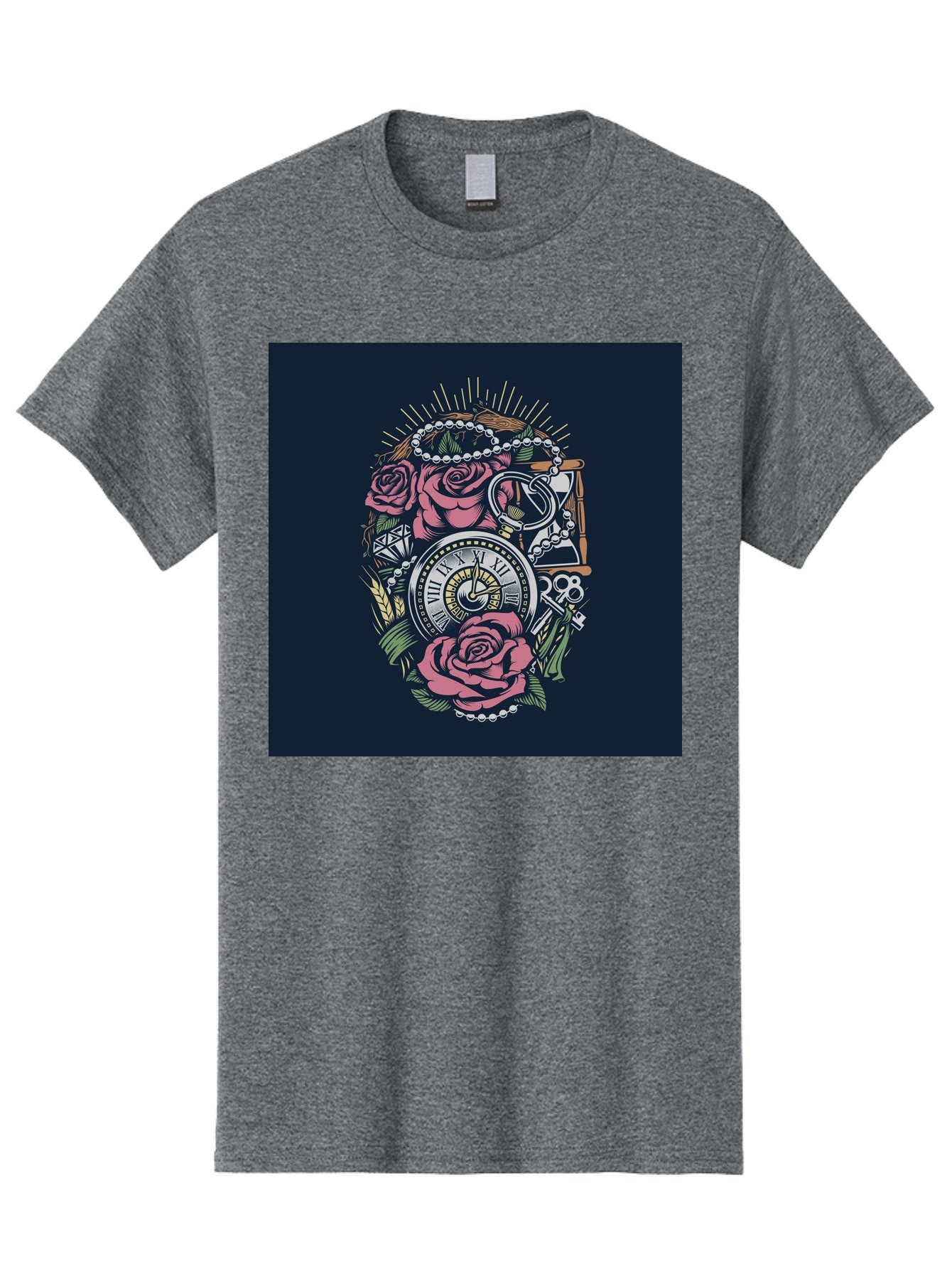 Tattoo-Roses-With-Pocket-Watch-Keys Men'S Graphic Tee, 100% Cotton, Comfortable Casual Summer Wear, Machine Washable, Pocket Watch, Roses, Floral Design, Vintage Clock, Jewelry, Keys, Tattoo Art, Intricate Details, Classic Style, Aab486 11