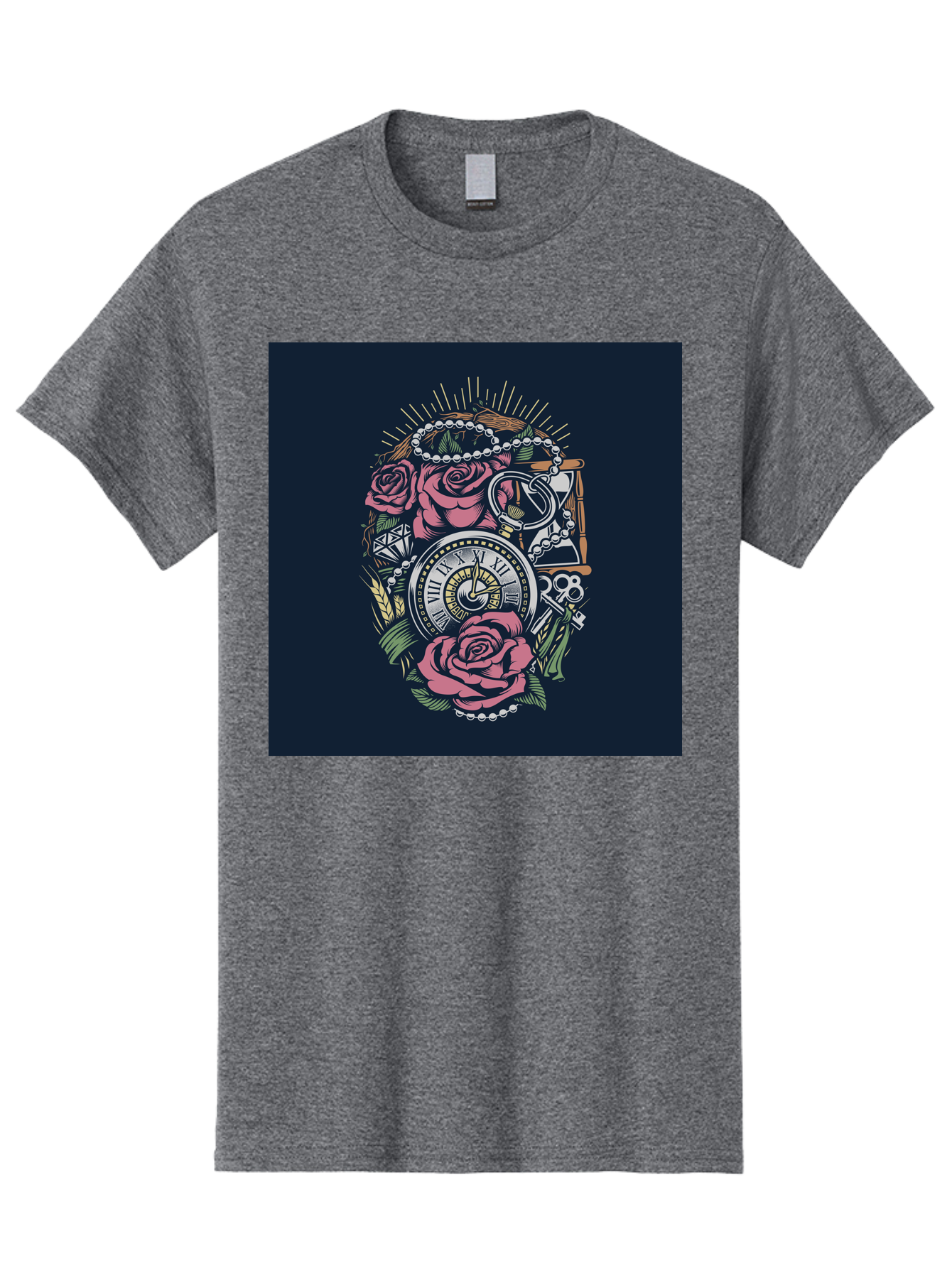 Tattoo-Roses-With-Pocket-Watch-Keys Men'S Graphic Tee, 100% Cotton, Comfortable Casual Summer Wear, Machine Washable, Pocket Watch, Roses, Floral Design, Vintage Clock, Jewelry, Keys, Tattoo Art, Intricate Details, Classic Style, Aab486 9
