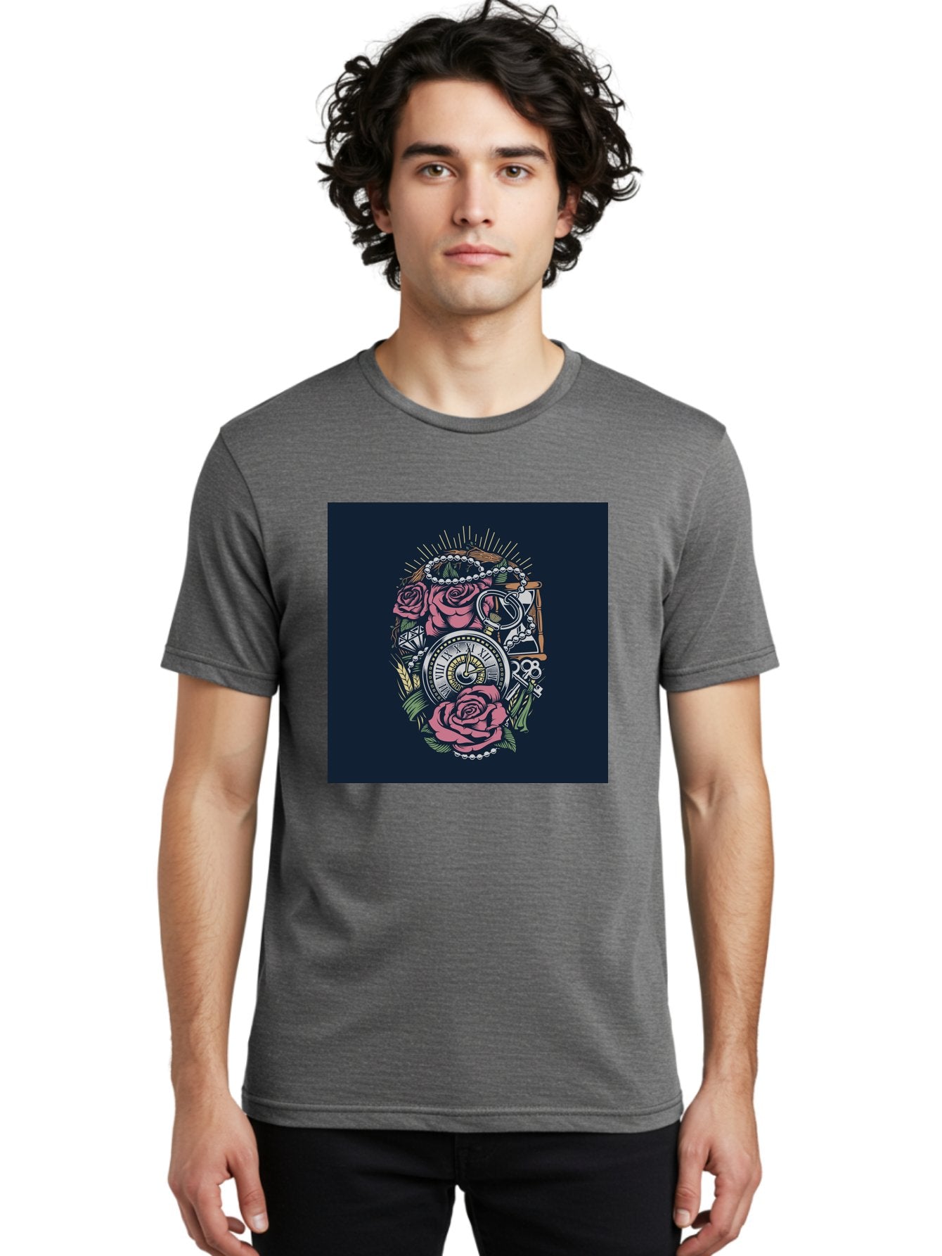 Tattoo-Roses-With-Pocket-Watch-Keys Men'S Graphic Tee, 100% Cotton, Comfortable Casual Summer Wear, Machine Washable, Pocket Watch, Roses, Floral Design, Vintage Clock, Jewelry, Keys, Tattoo Art, Intricate Details, Classic Style, Aab486 27