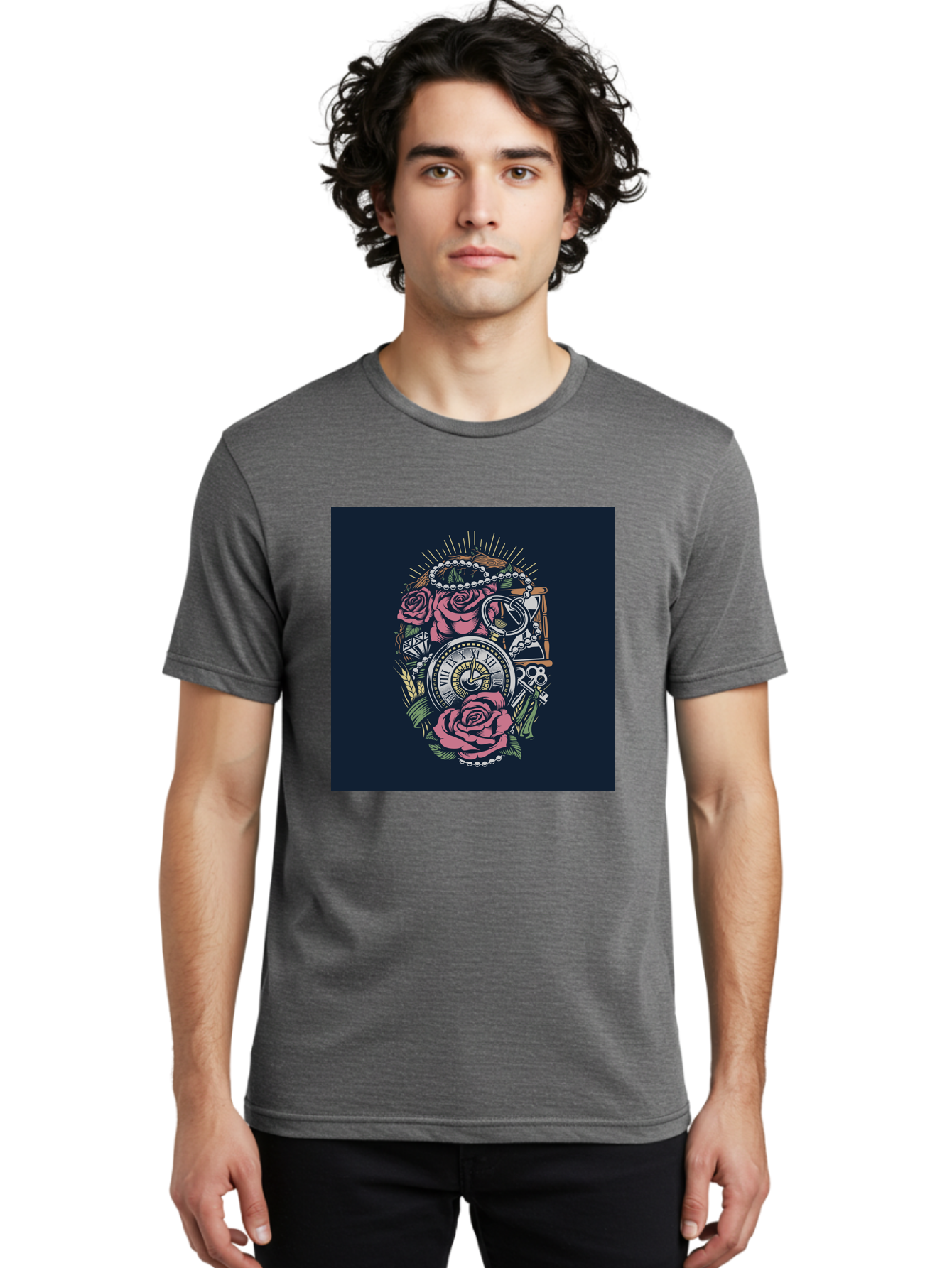 Tattoo-Roses-With-Pocket-Watch-Keys Men'S Graphic Tee, 100% Cotton, Comfortable Casual Summer Wear, Machine Washable, Pocket Watch, Roses, Floral Design, Vintage Clock, Jewelry, Keys, Tattoo Art, Intricate Details, Classic Style, Aab486 10