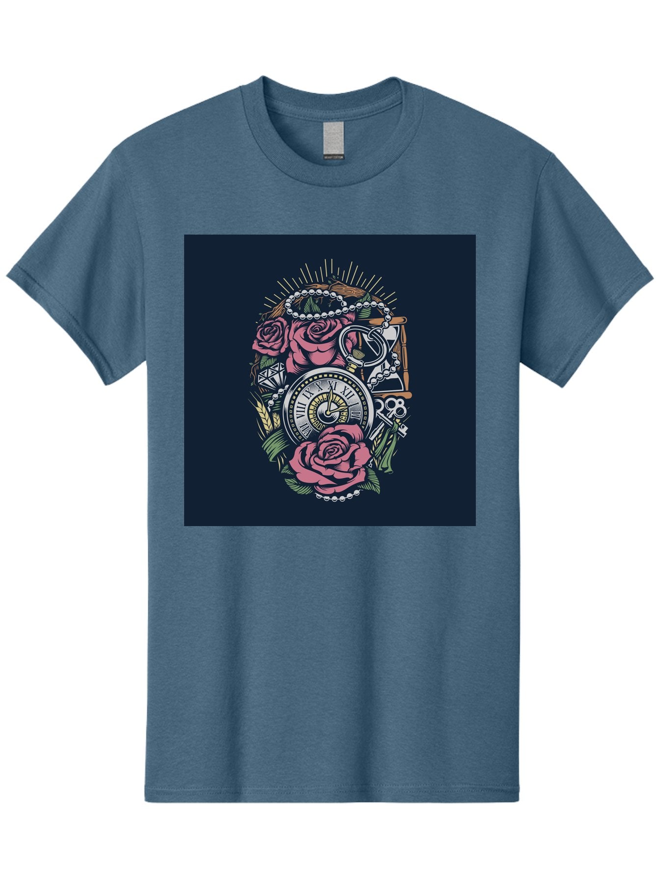 Tattoo-Roses-With-Pocket-Watch-Keys Men'S Graphic Tee, 100% Cotton, Comfortable Casual Summer Wear, Machine Washable, Pocket Watch, Roses, Floral Design, Vintage Clock, Jewelry, Keys, Tattoo Art, Intricate Details, Classic Style, Aab486