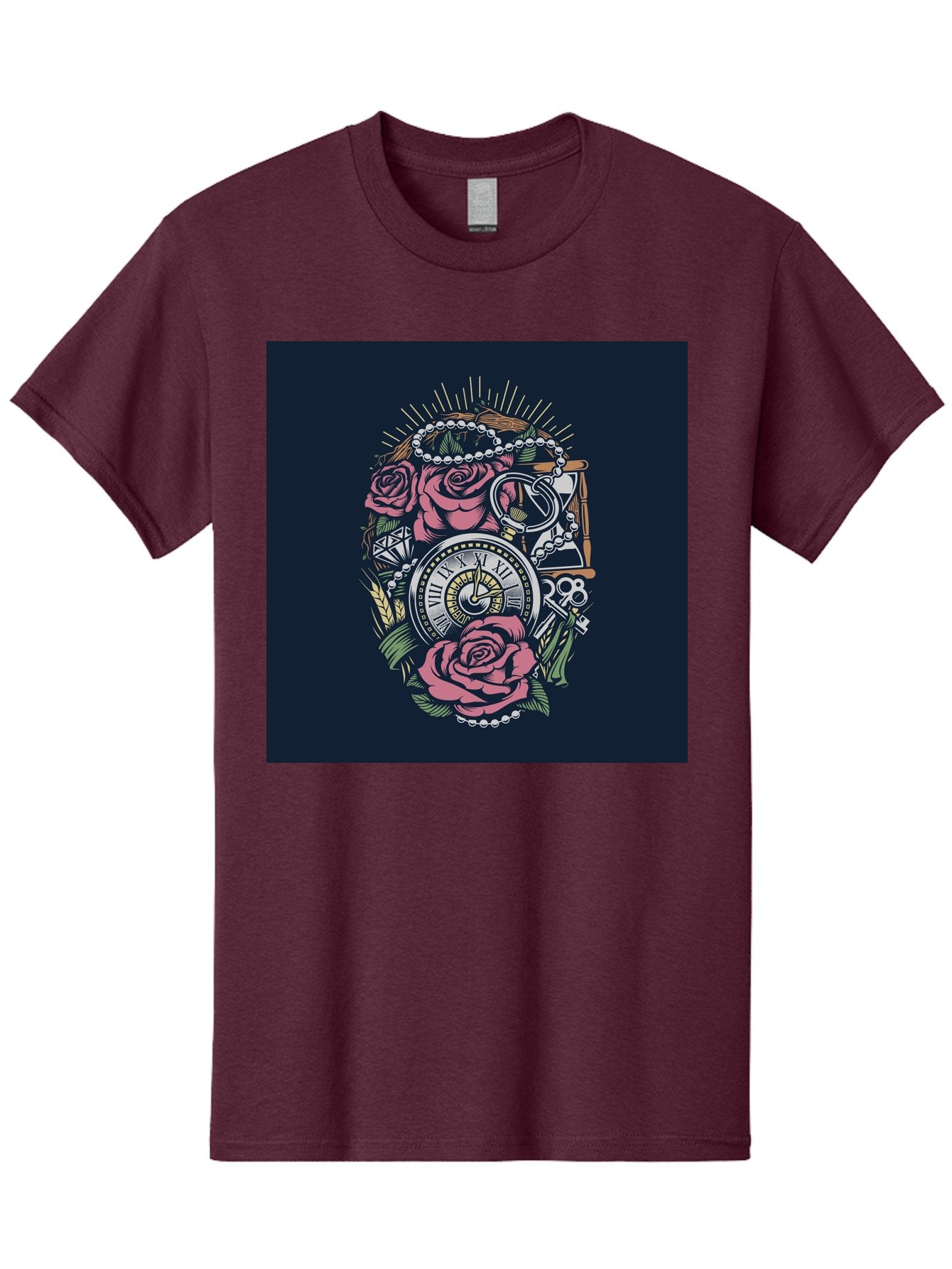 Tattoo-Roses-With-Pocket-Watch-Keys Men'S Graphic Tee, 100% Cotton, Comfortable Casual Summer Wear, Machine Washable, Pocket Watch, Roses, Floral Design, Vintage Clock, Jewelry, Keys, Tattoo Art, Intricate Details, Classic Style, Aab486 15