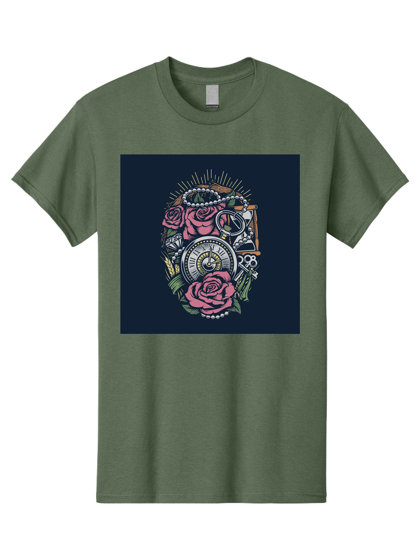 Tattoo-Roses-With-Pocket-Watch-Keys Men'S Graphic Tee, 100% Cotton, Comfortable Casual Summer Wear, Machine Washable, Pocket Watch, Roses, Floral Design, Vintage Clock, Jewelry, Keys, Tattoo Art, Intricate Details, Classic Style, Aab486 15