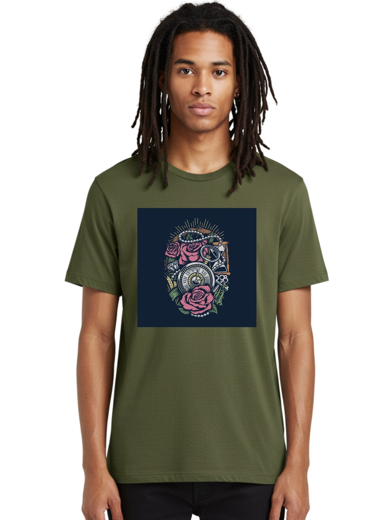 Tattoo-Roses-With-Pocket-Watch-Keys Men'S Graphic Tee, 100% Cotton, Comfortable Casual Summer Wear, Machine Washable, Pocket Watch, Roses, Floral Design, Vintage Clock, Jewelry, Keys, Tattoo Art, Intricate Details, Classic Style, Aab486 16