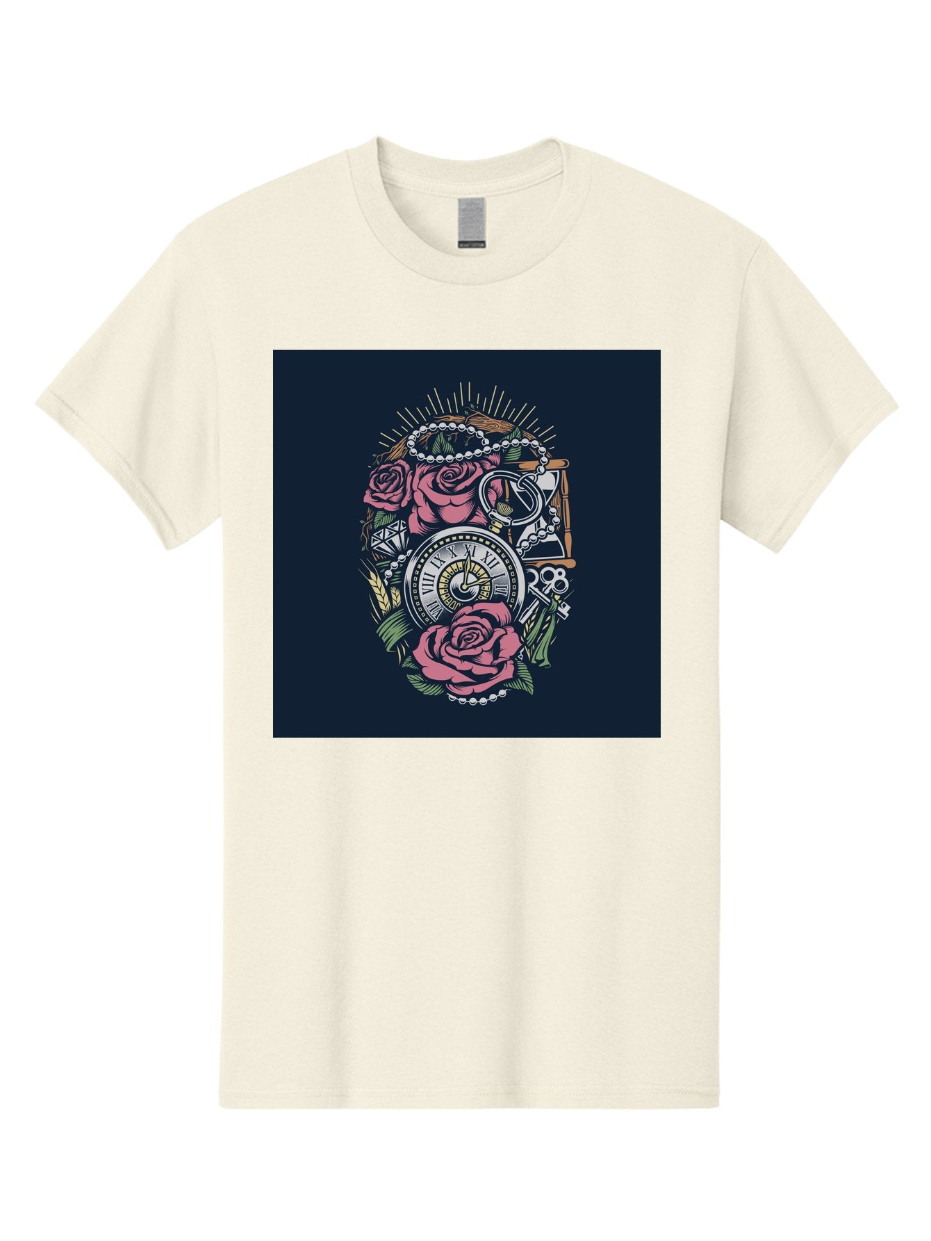 Tattoo-Roses-With-Pocket-Watch-Keys Men'S Graphic Tee, 100% Cotton, Comfortable Casual Summer Wear, Machine Washable, Pocket Watch, Roses, Floral Design, Vintage Clock, Jewelry, Keys, Tattoo Art, Intricate Details, Classic Style, Aab486 8