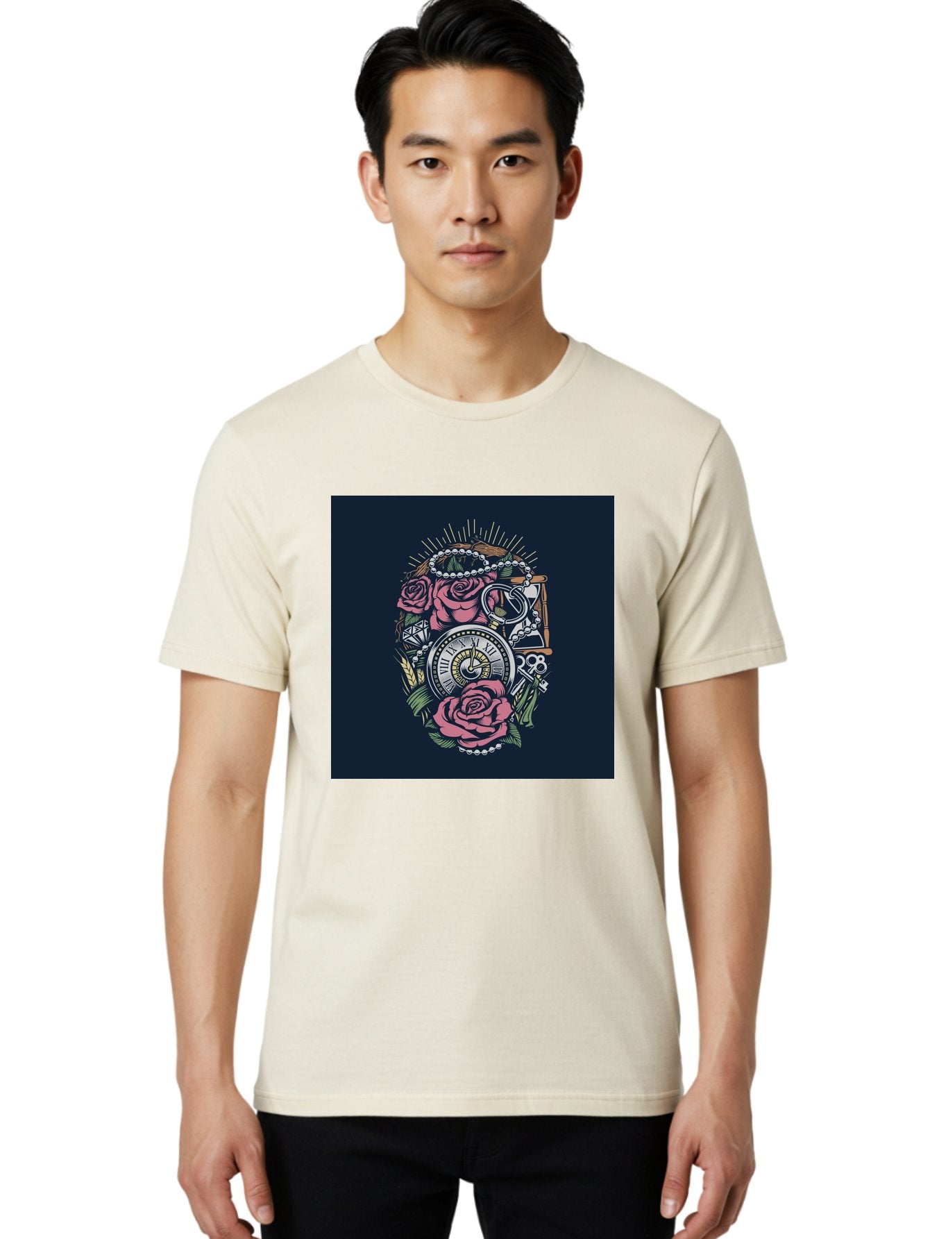 Tattoo-Roses-With-Pocket-Watch-Keys Men'S Graphic Tee, 100% Cotton, Comfortable Casual Summer Wear, Machine Washable, Pocket Watch, Roses, Floral Design, Vintage Clock, Jewelry, Keys, Tattoo Art, Intricate Details, Classic Style, Aab486 25