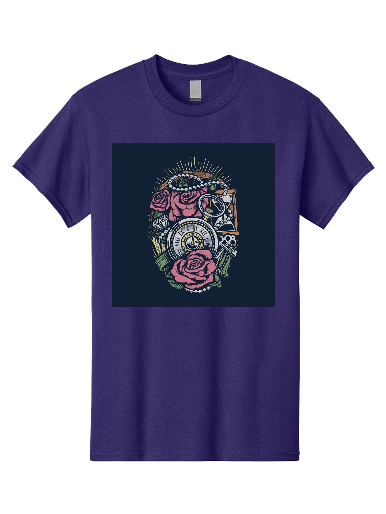 Tattoo-Roses-With-Pocket-Watch-Keys Men'S Graphic Tee, 100% Cotton, Comfortable Casual Summer Wear, Machine Washable, Pocket Watch, Roses, Floral Design, Vintage Clock, Jewelry, Keys, Tattoo Art, Intricate Details, Classic Style, Aab486 10