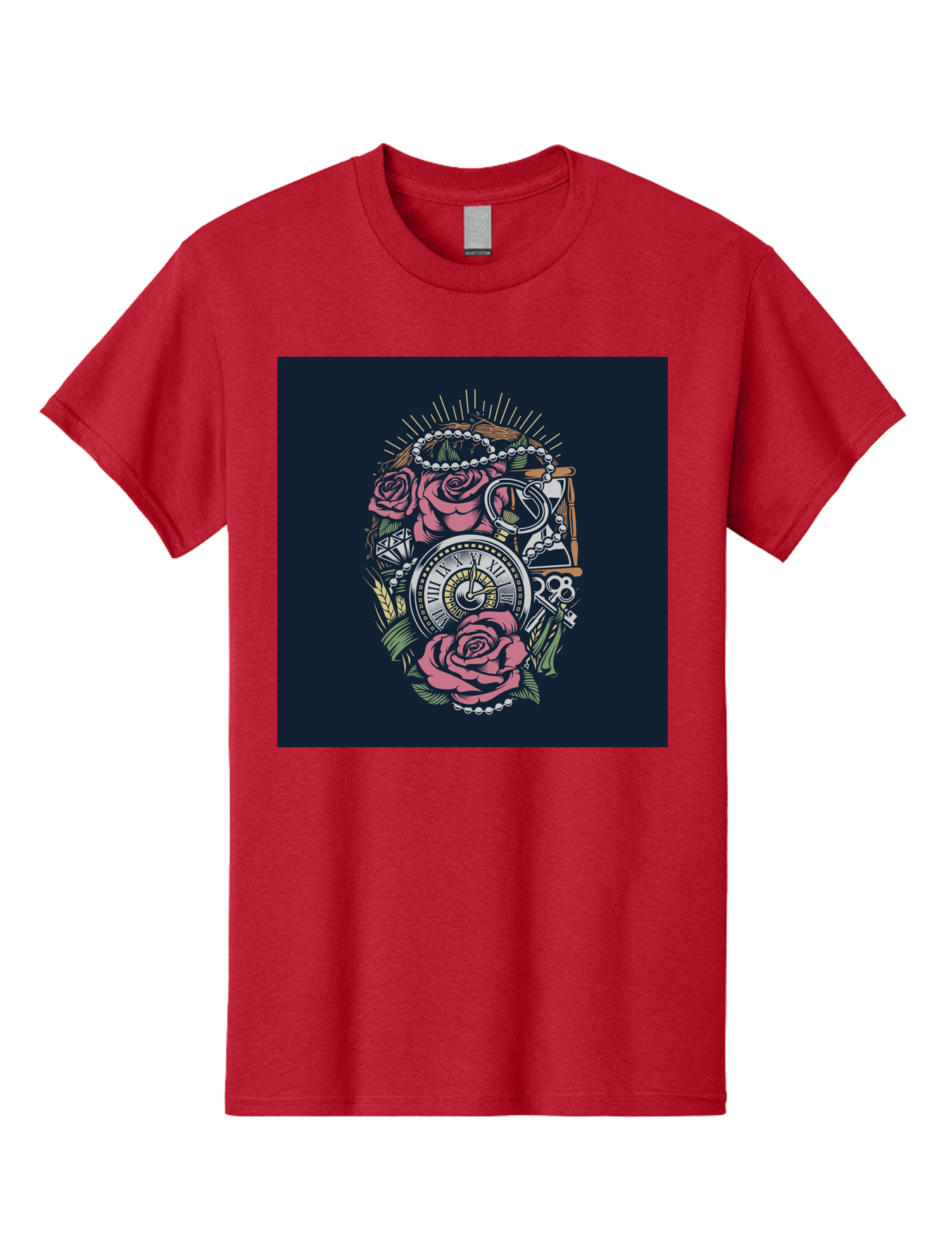 Tattoo-Roses-With-Pocket-Watch-Keys Men'S Graphic Tee, 100% Cotton, Comfortable Casual Summer Wear, Machine Washable, Pocket Watch, Roses, Floral Design, Vintage Clock, Jewelry, Keys, Tattoo Art, Intricate Details, Classic Style, Aab486 23