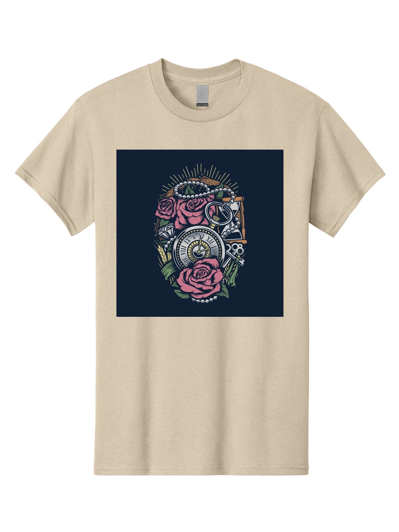 Tattoo-Roses-With-Pocket-Watch-Keys Men'S Graphic Tee, 100% Cotton, Comfortable Casual Summer Wear, Machine Washable, Pocket Watch, Roses, Floral Design, Vintage Clock, Jewelry, Keys, Tattoo Art, Intricate Details, Classic Style, Aab486 5