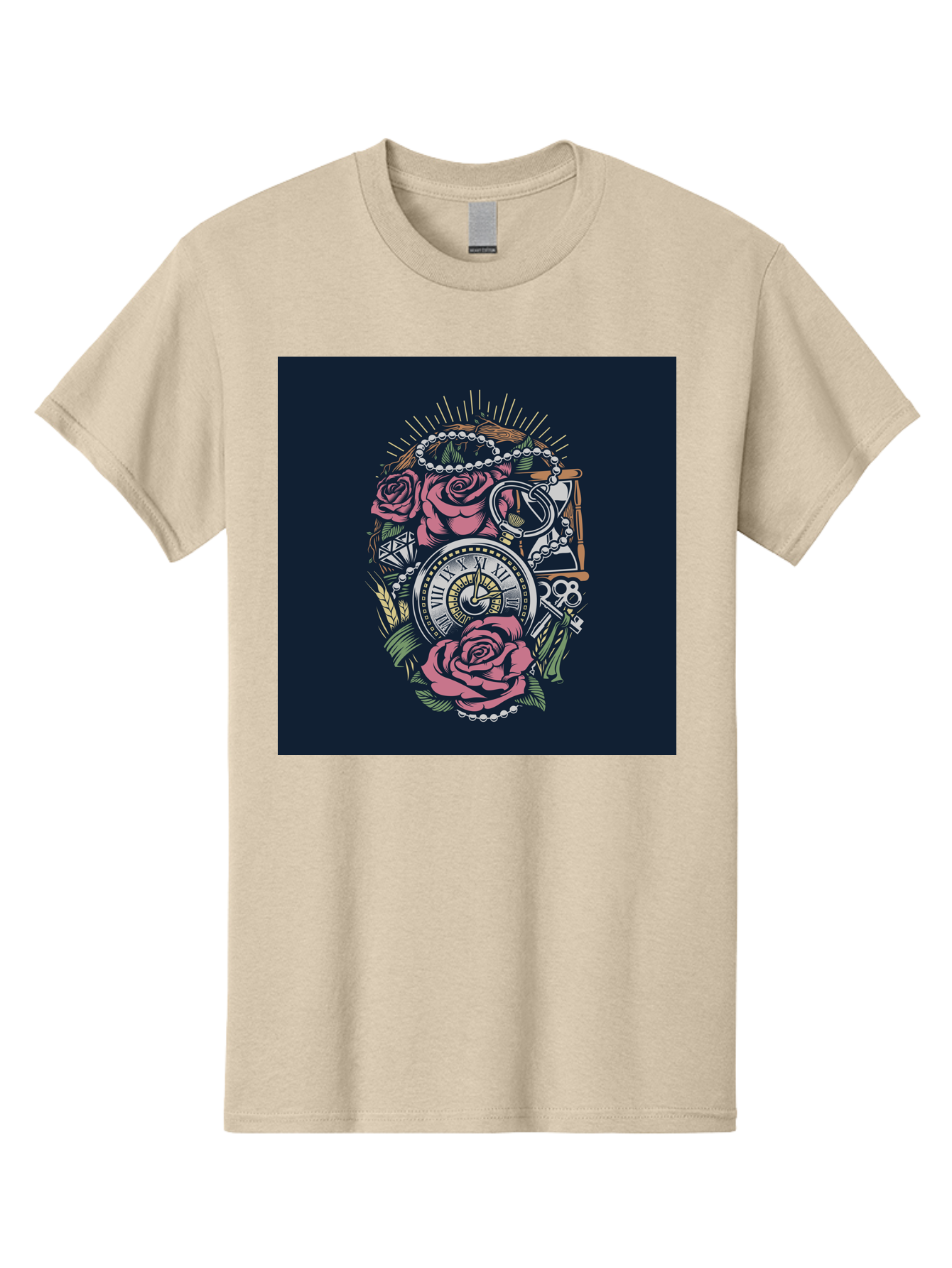 Tattoo-Roses-With-Pocket-Watch-Keys Men'S Graphic Tee, 100% Cotton, Comfortable Casual Summer Wear, Machine Washable, Pocket Watch, Roses, Floral Design, Vintage Clock, Jewelry, Keys, Tattoo Art, Intricate Details, Classic Style, Aab486 27
