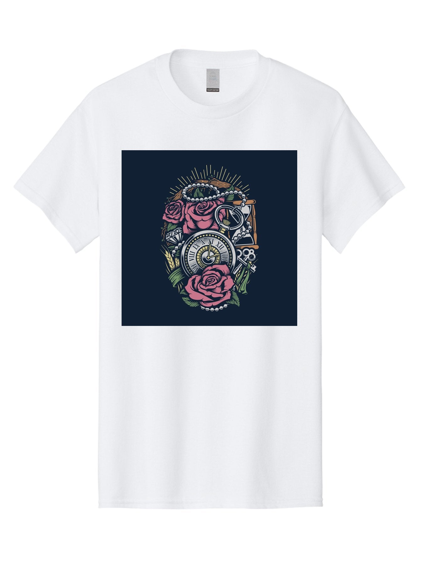 Tattoo-Roses-With-Pocket-Watch-Keys Men'S Graphic Tee, 100% Cotton, Comfortable Casual Summer Wear, Machine Washable, Pocket Watch, Roses, Floral Design, Vintage Clock, Jewelry, Keys, Tattoo Art, Intricate Details, Classic Style, Aab486 14