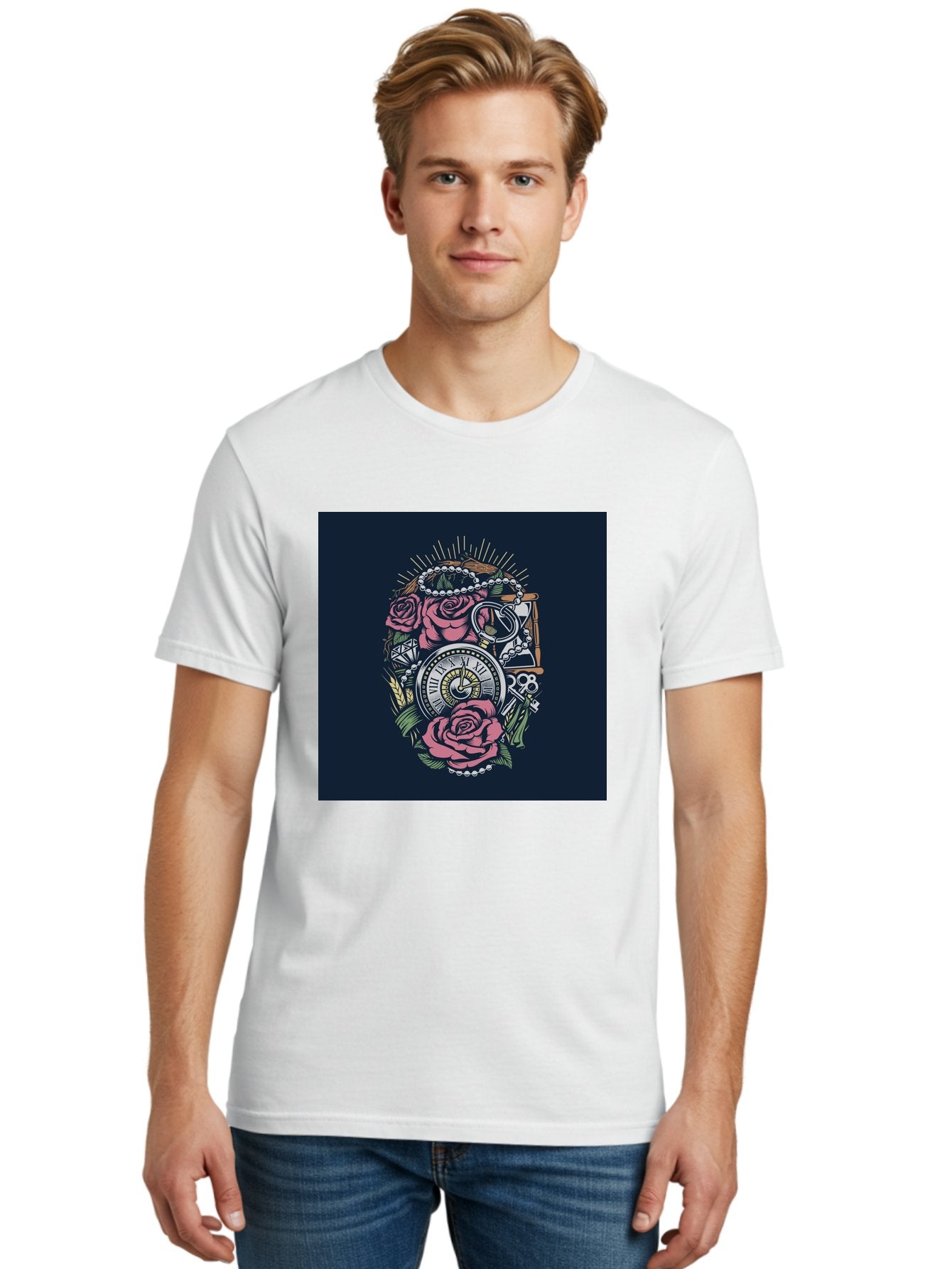 Tattoo-Roses-With-Pocket-Watch-Keys Men'S Graphic Tee, 100% Cotton, Comfortable Casual Summer Wear, Machine Washable, Pocket Watch, Roses, Floral Design, Vintage Clock, Jewelry, Keys, Tattoo Art, Intricate Details, Classic Style, Aab486 29