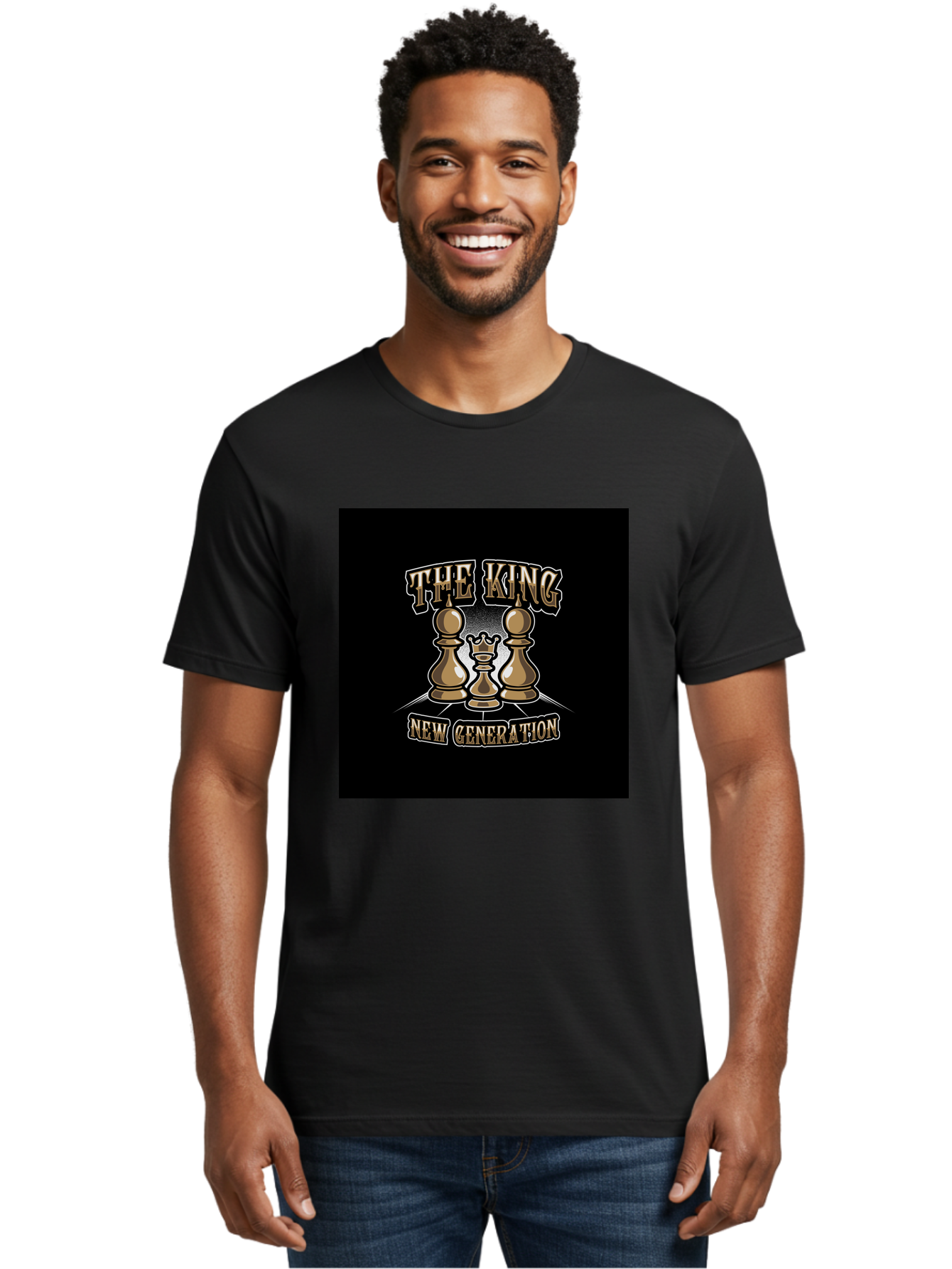 The-King-New-Generation Men'S Graphic Tee, 100% Cotton, Comfortable Casual Summer Wear, Machine Washable, Chess Pieces, The King, New Generation, Leadership, Strategy, Gold Pieces, Pawn, Queen, King, Black Background, Logo Design, Branding, Aab487