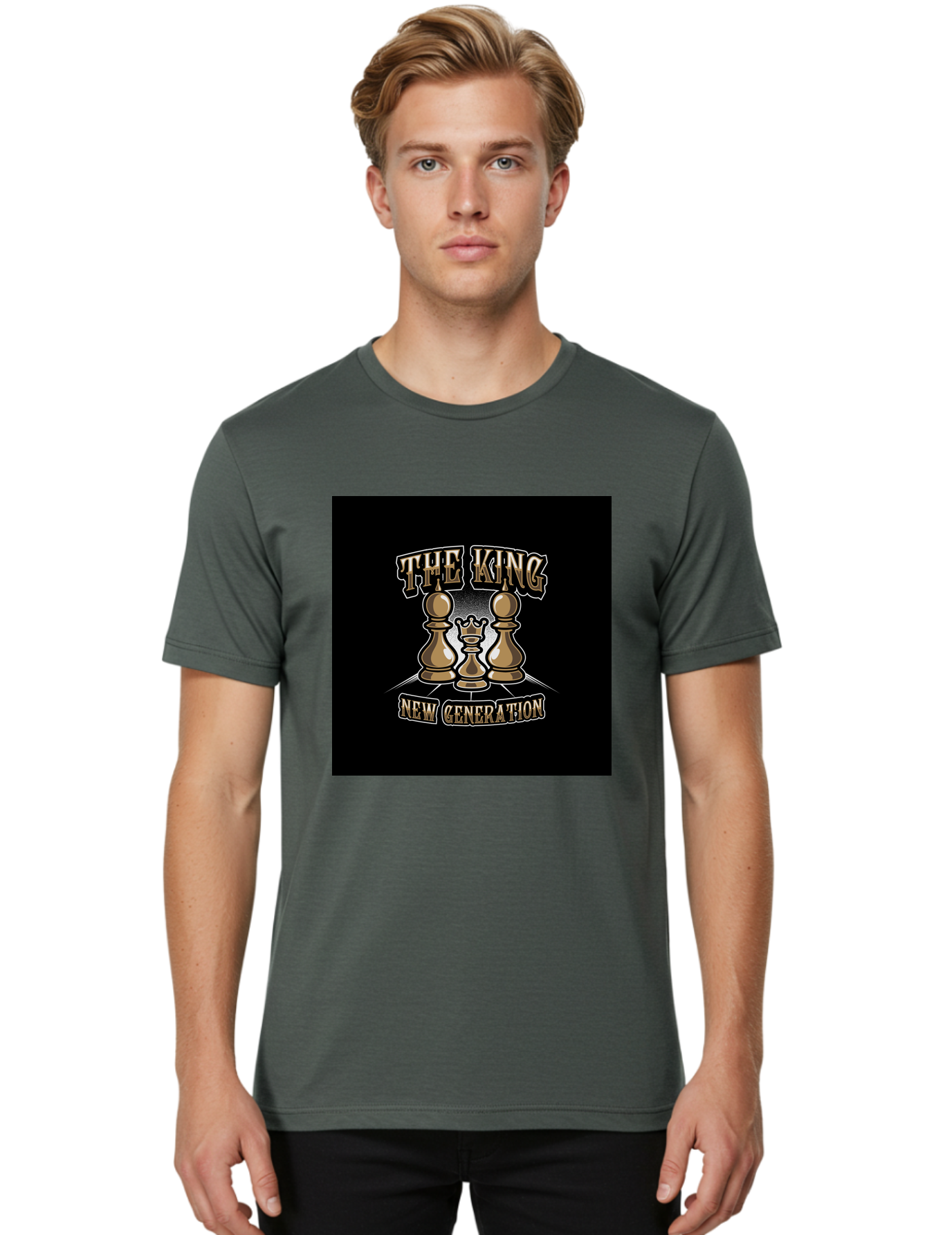 The-King-New-Generation Men'S Graphic Tee, 100% Cotton, Comfortable Casual Summer Wear, Machine Washable, Chess Pieces, The King, New Generation, Leadership, Strategy, Gold Pieces, Pawn, Queen, King, Black Background, Logo Design, Branding, Aab487 4