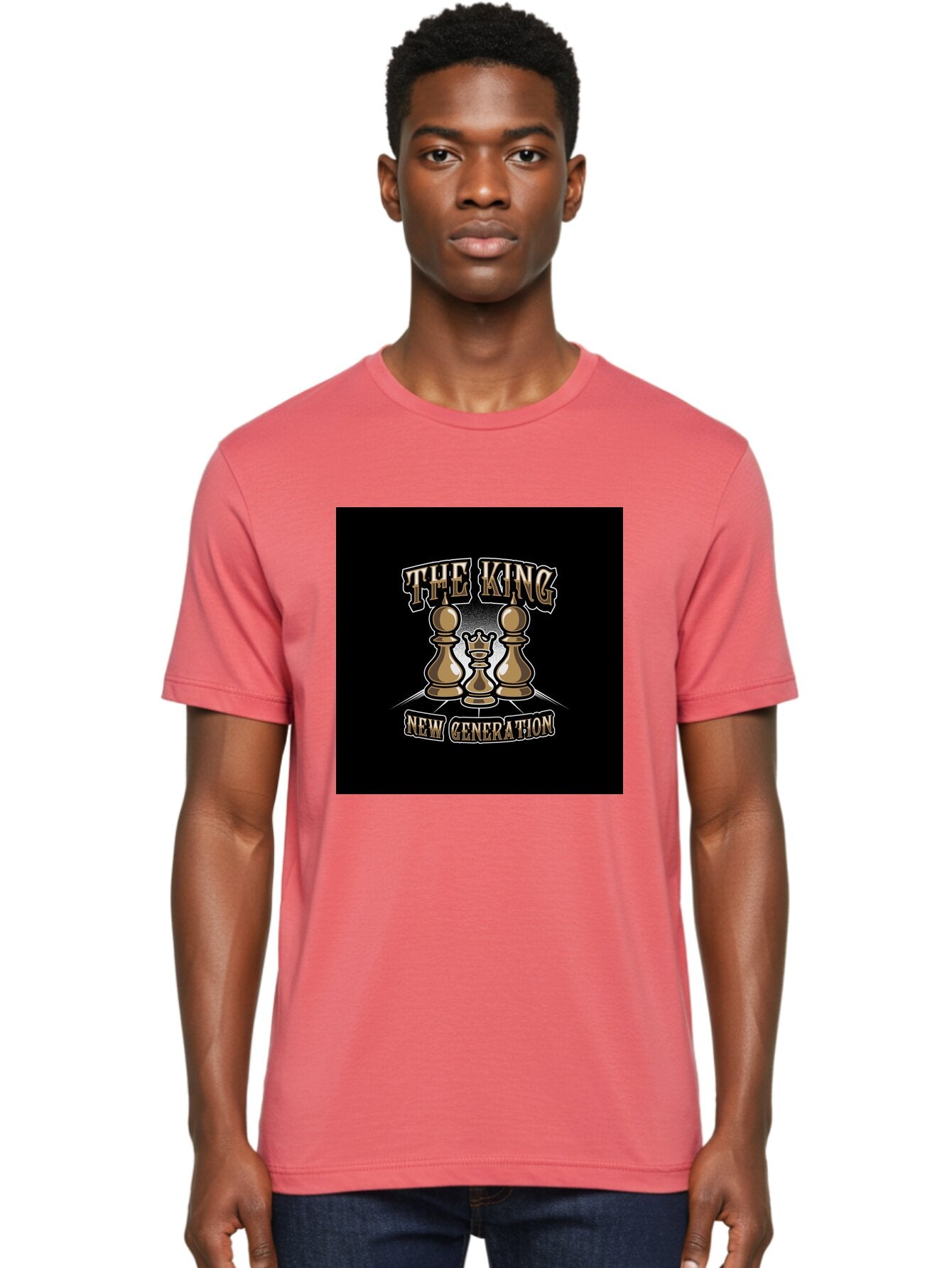 The-King-New-Generation Men'S Graphic Tee, 100% Cotton, Comfortable Casual Summer Wear, Machine Washable, Chess Pieces, The King, New Generation, Leadership, Strategy, Gold Pieces, Pawn, Queen, King, Black Background, Logo Design, Branding, Aab487 24