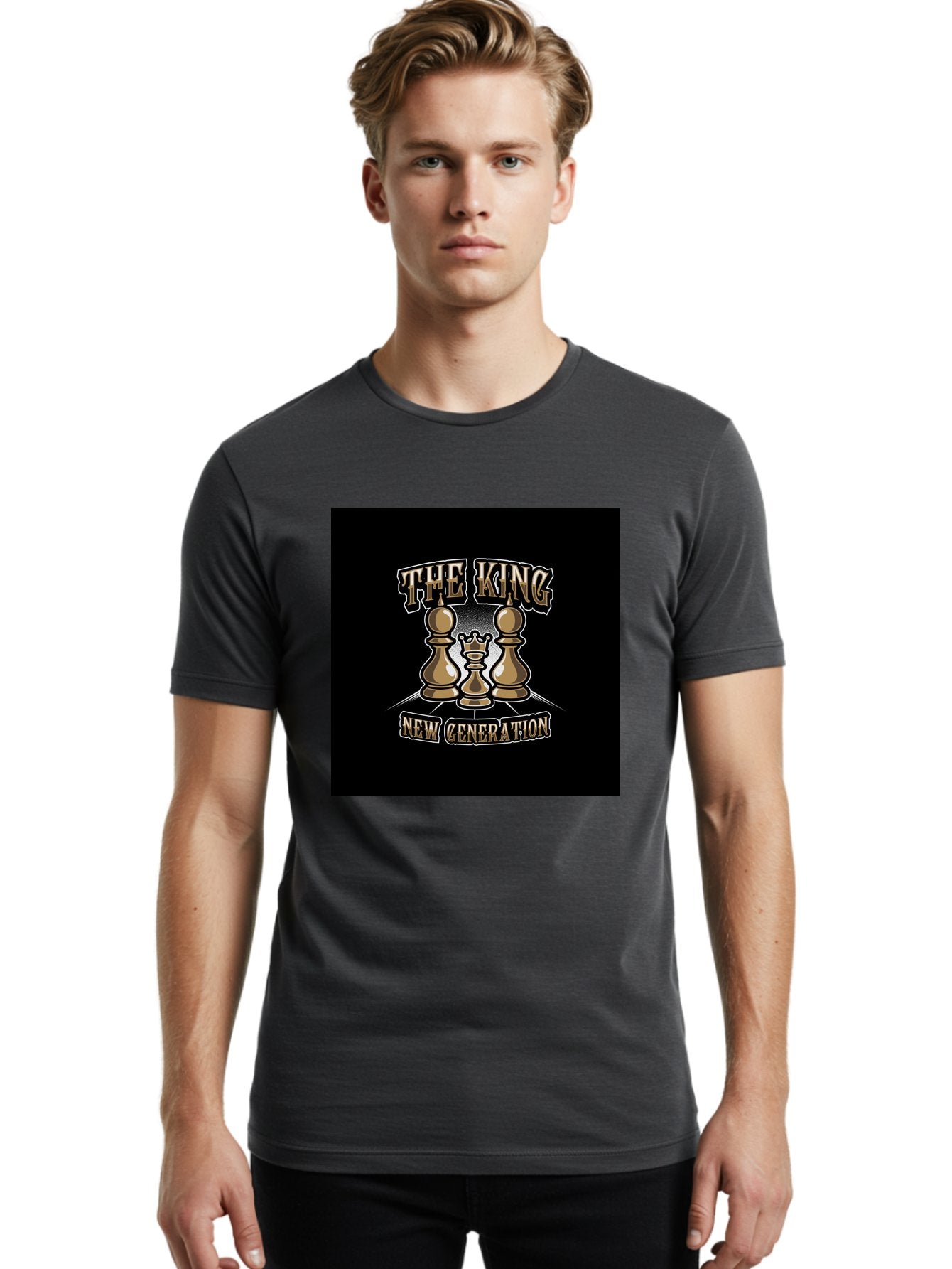 The-King-New-Generation Men'S Graphic Tee, 100% Cotton, Comfortable Casual Summer Wear, Machine Washable, Chess Pieces, The King, New Generation, Leadership, Strategy, Gold Pieces, Pawn, Queen, King, Black Background, Logo Design, Branding, Aab487 21