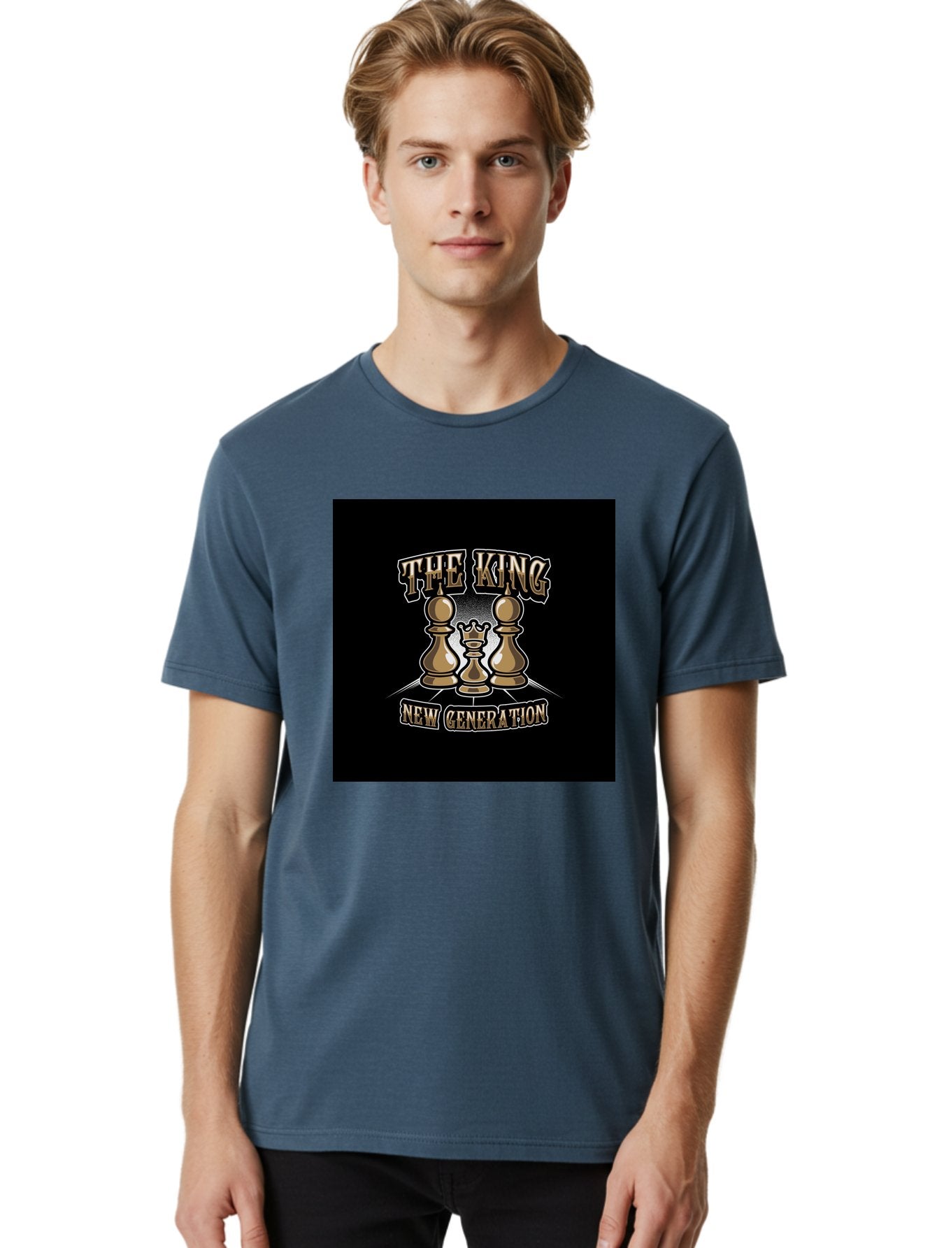 The-King-New-Generation Men'S Graphic Tee, 100% Cotton, Comfortable Casual Summer Wear, Machine Washable, Chess Pieces, The King, New Generation, Leadership, Strategy, Gold Pieces, Pawn, Queen, King, Black Background, Logo Design, Branding, Aab487 16