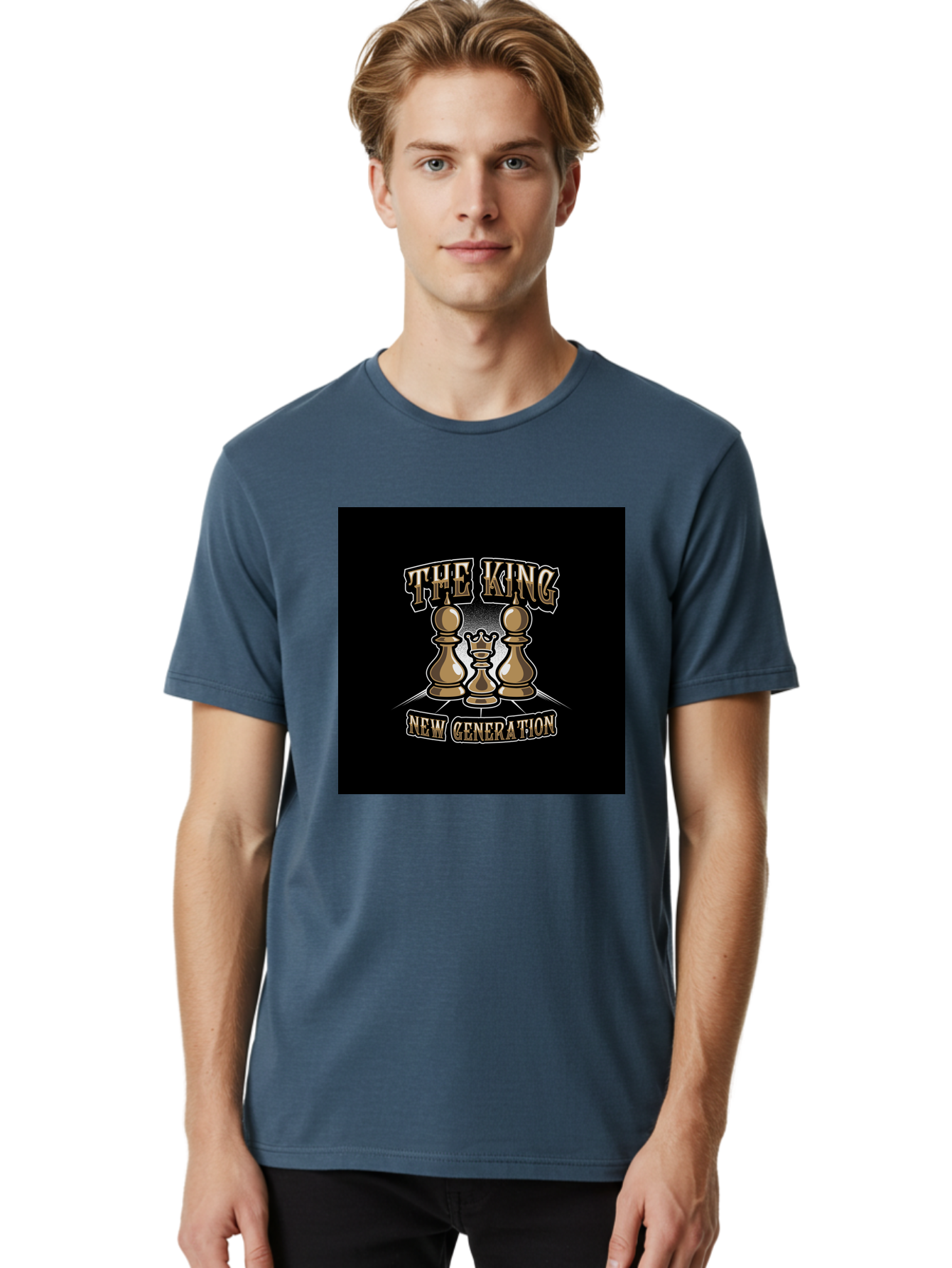 The-King-New-Generation Men'S Graphic Tee, 100% Cotton, Comfortable Casual Summer Wear, Machine Washable, Chess Pieces, The King, New Generation, Leadership, Strategy, Gold Pieces, Pawn, Queen, King, Black Background, Logo Design, Branding, Aab487 12