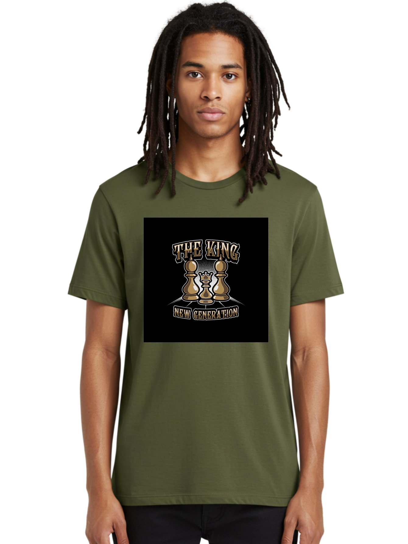The-King-New-Generation Men'S Graphic Tee, 100% Cotton, Comfortable Casual Summer Wear, Machine Washable, Chess Pieces, The King, New Generation, Leadership, Strategy, Gold Pieces, Pawn, Queen, King, Black Background, Logo Design, Branding, Aab487 16