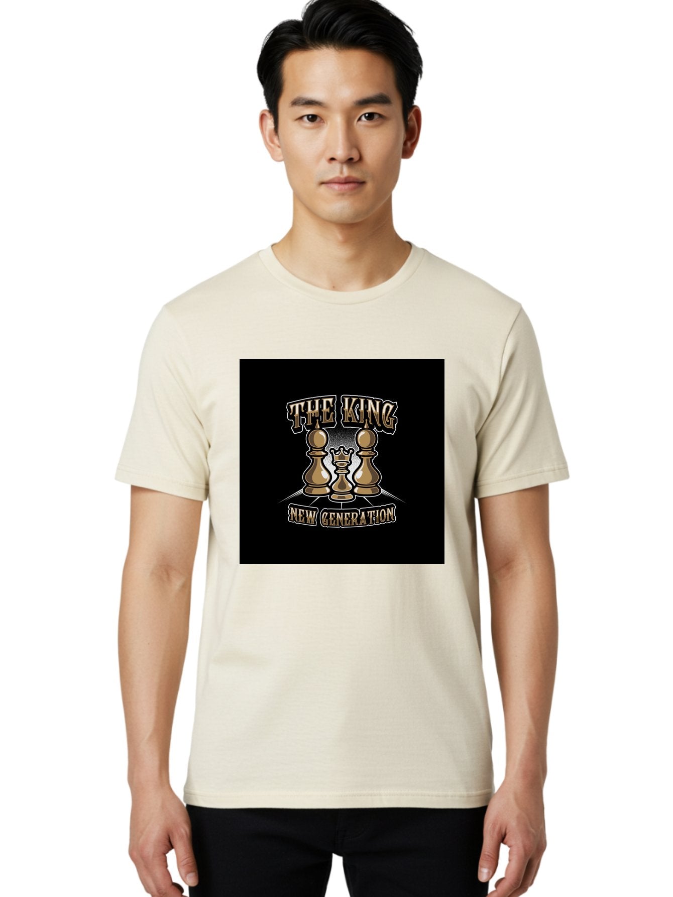 The-King-New-Generation Men'S Graphic Tee, 100% Cotton, Comfortable Casual Summer Wear, Machine Washable, Chess Pieces, The King, New Generation, Leadership, Strategy, Gold Pieces, Pawn, Queen, King, Black Background, Logo Design, Branding, Aab487 26