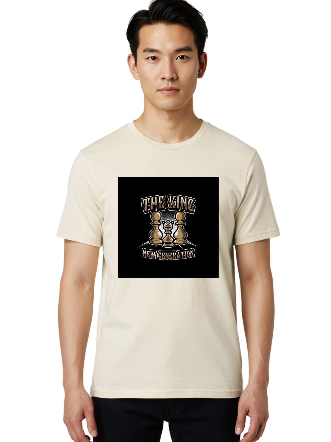 The-King-New-Generation Men'S Graphic Tee, 100% Cotton, Comfortable Casual Summer Wear, Machine Washable, Chess Pieces, The King, New Generation, Leadership, Strategy, Gold Pieces, Pawn, Queen, King, Black Background, Logo Design, Branding, Aab487 18
