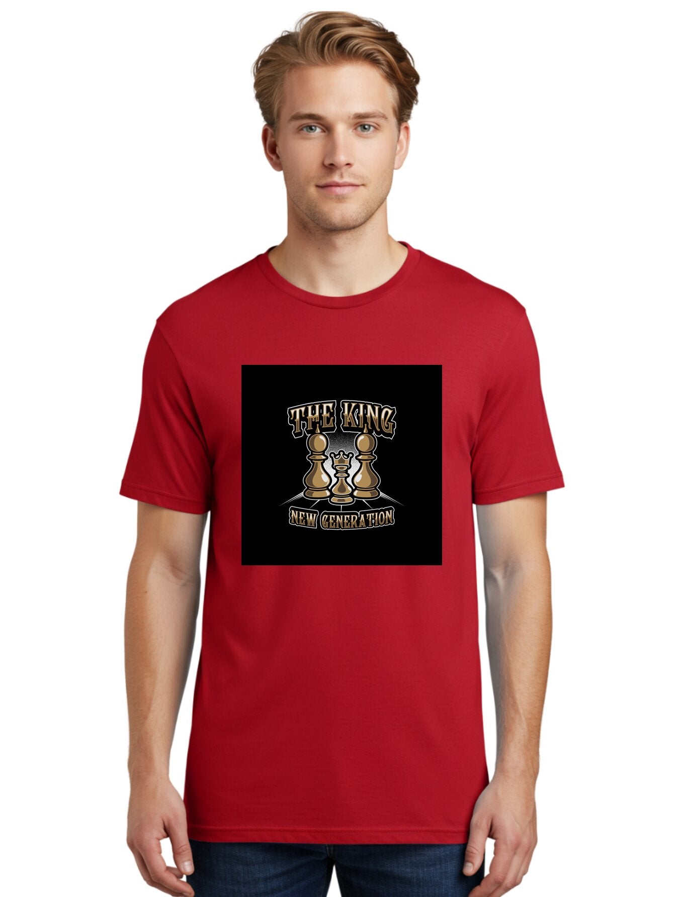 The-King-New-Generation Men'S Graphic Tee, 100% Cotton, Comfortable Casual Summer Wear, Machine Washable, Chess Pieces, The King, New Generation, Leadership, Strategy, Gold Pieces, Pawn, Queen, King, Black Background, Logo Design, Branding, Aab487 19